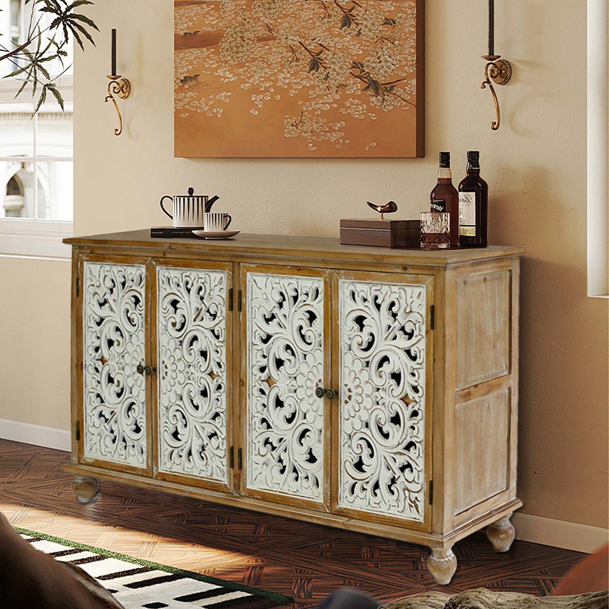 Accent Cabinet With 4 Doors Farmhouse Sideboard Buffet Cabinet
