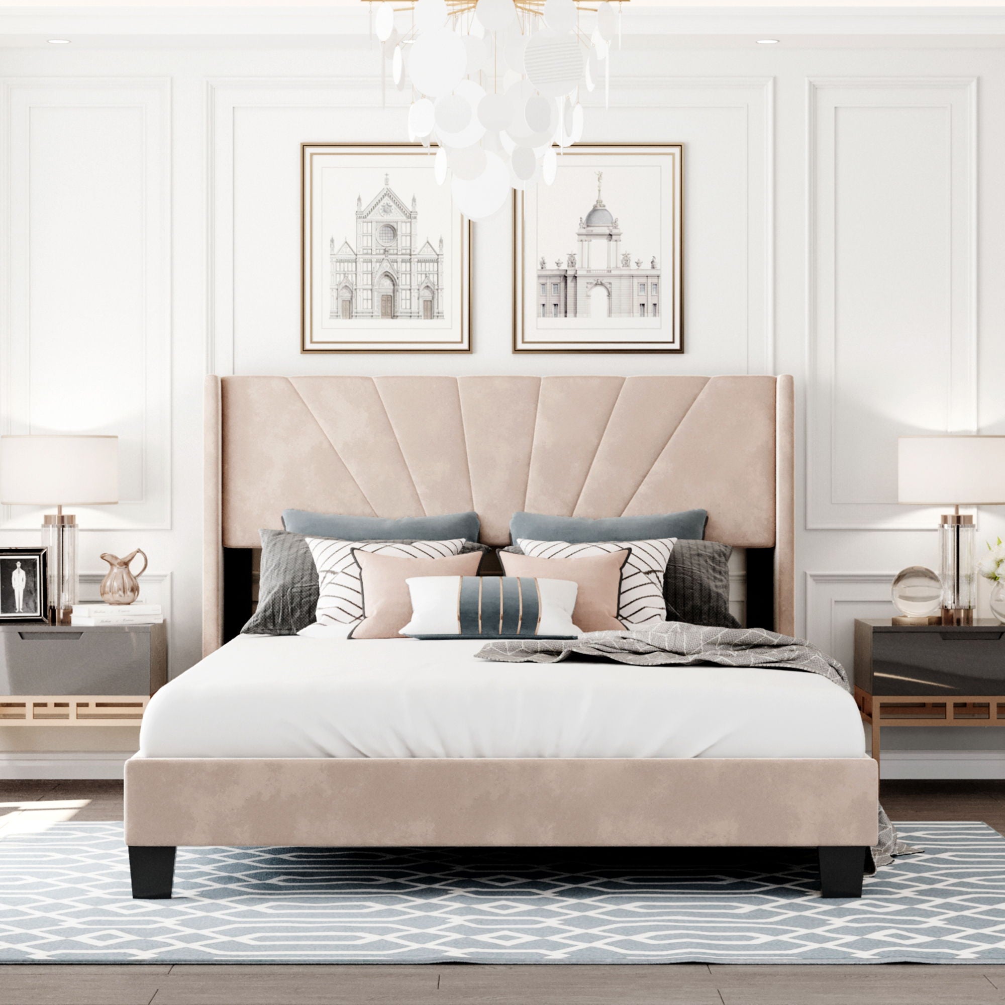 Velvet Upholstered Platform Bed, Box Spring Needed