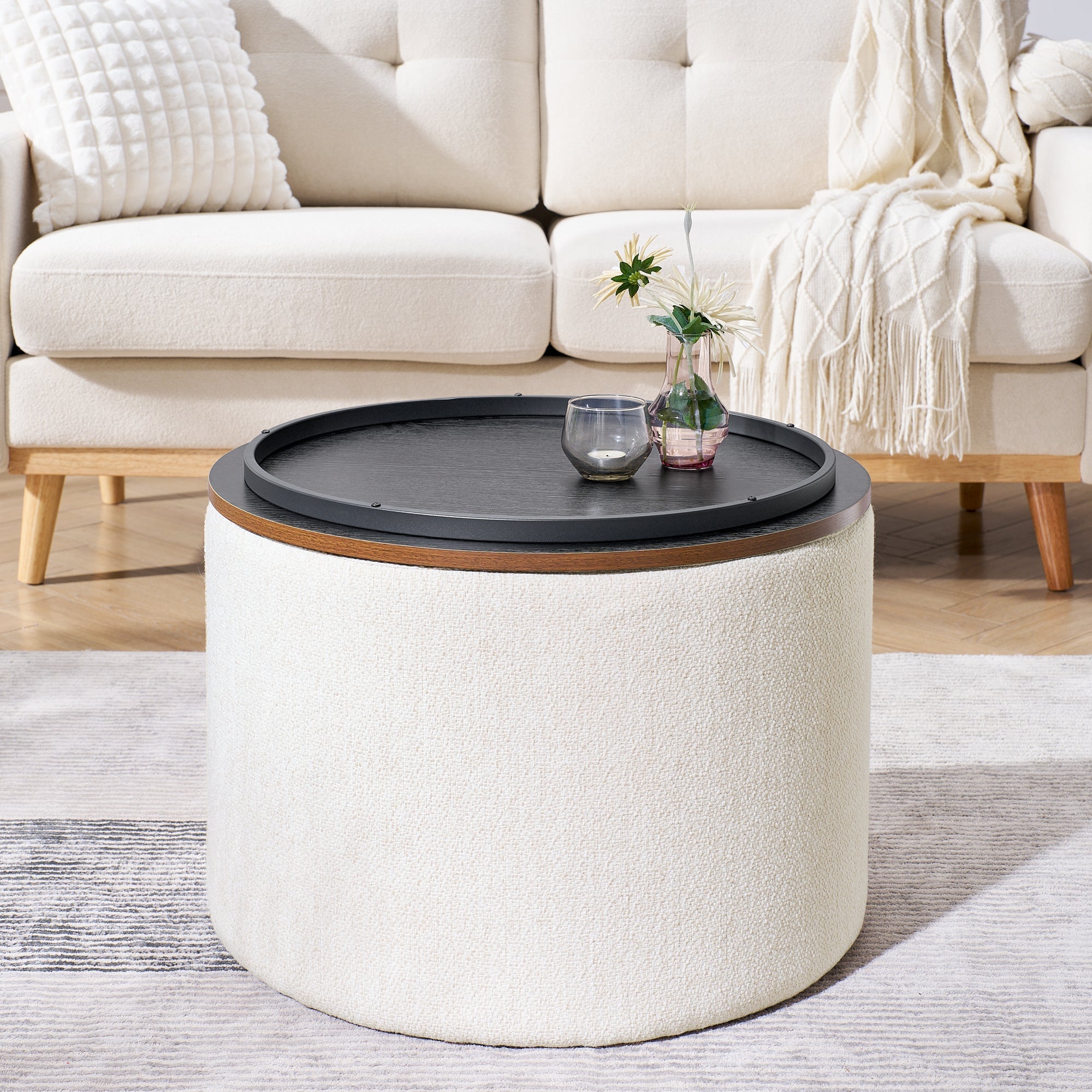 Classic 2-Piece Round Chenille Storage Ottoman Set with Drum Shaped Stool - Beige
