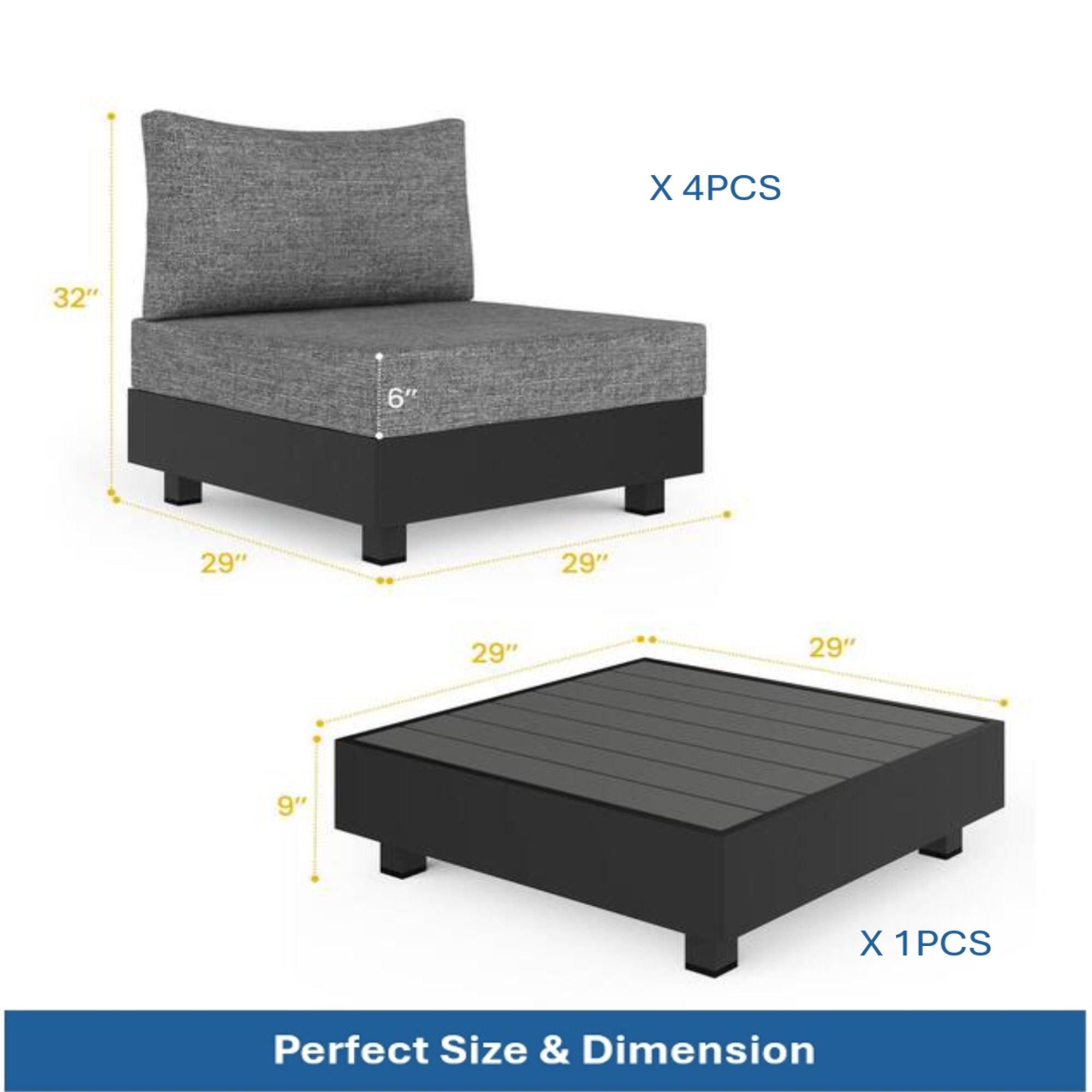Patio Sectional Set With Modular Armless Chairs And Coffee Table - Gray