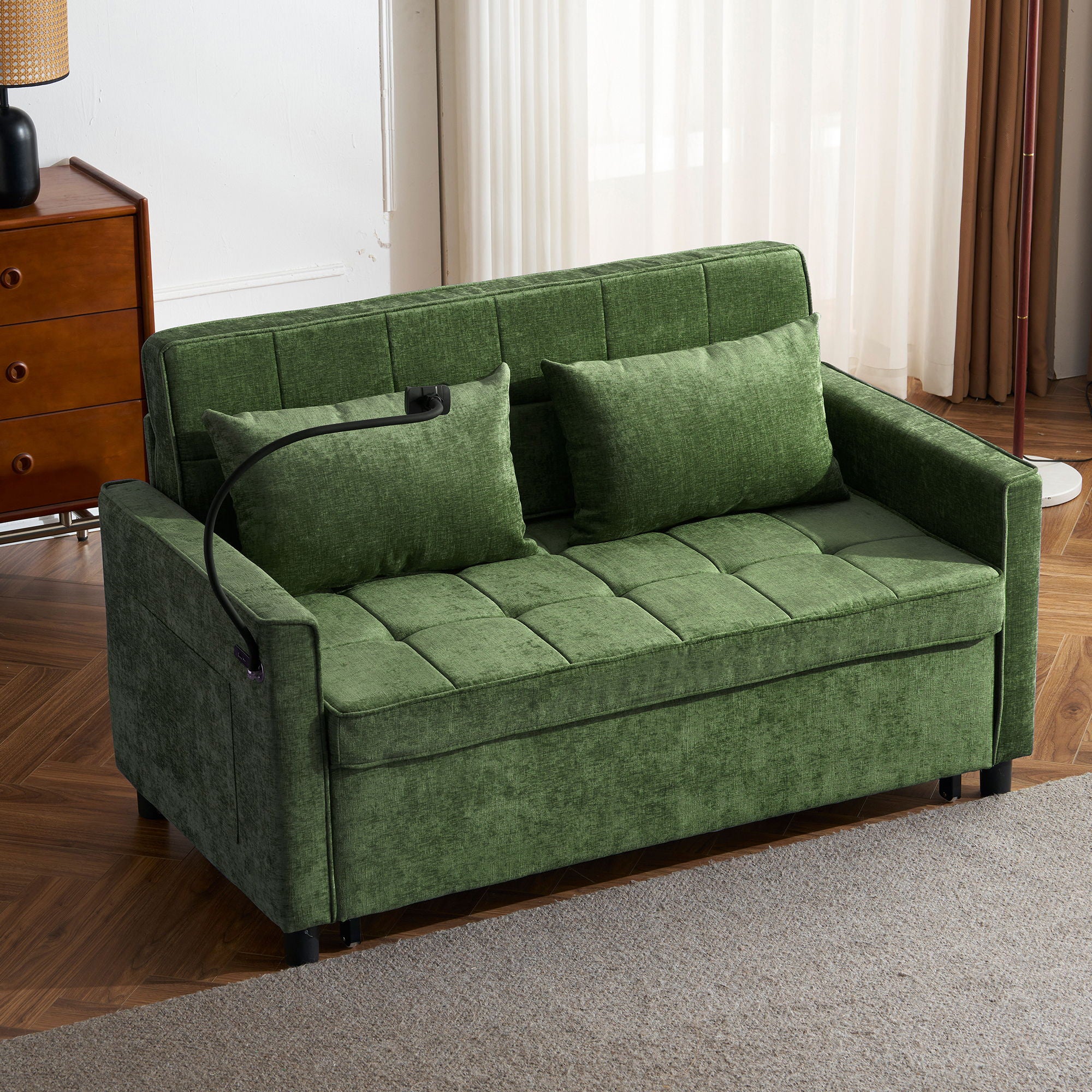 Loveseat Sofa Bed Sleeper With Reversible Backrest, Side Pockets, USB Ports, Phone Holder