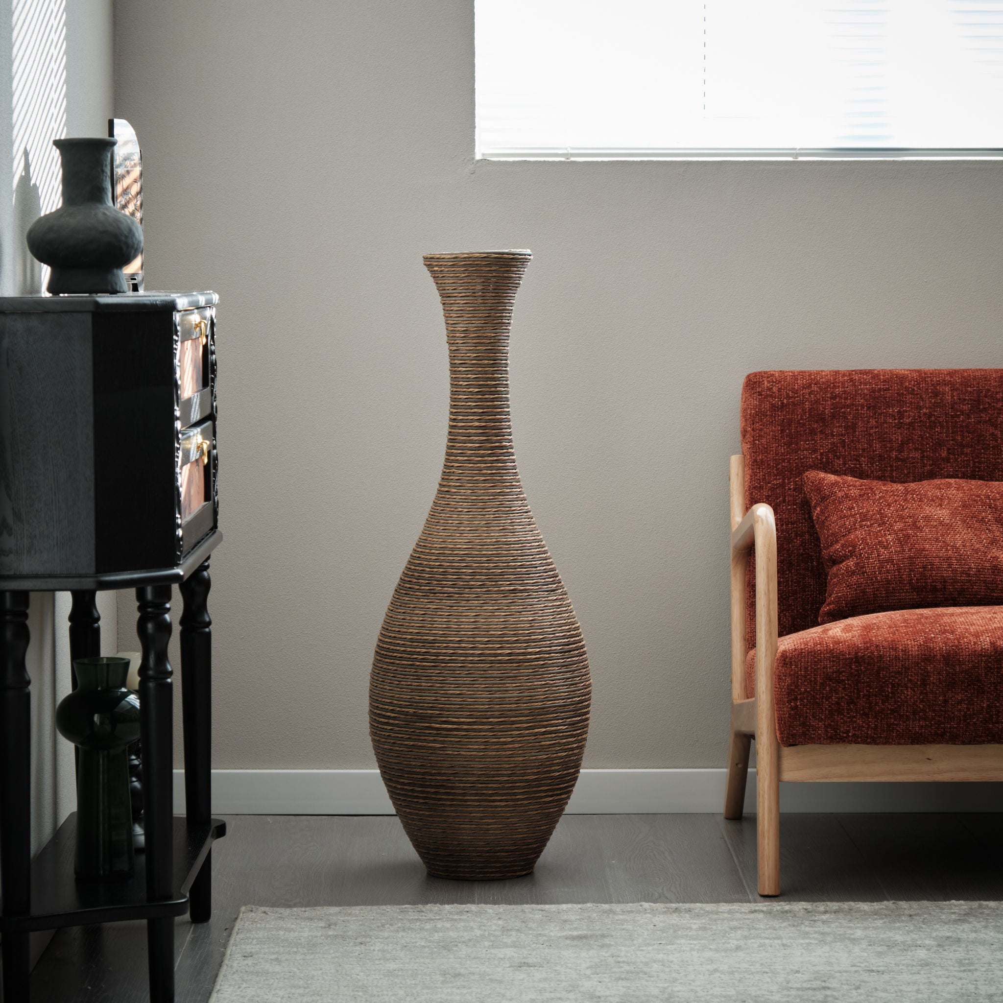 Tall Artificial Rattan Floor Vase In Elegant Statement Piece For Living Room Decor, Entryway, Or Hallway Versatile Home Accent For Dried Or Silk Floral Arrangements - Beige / Gray