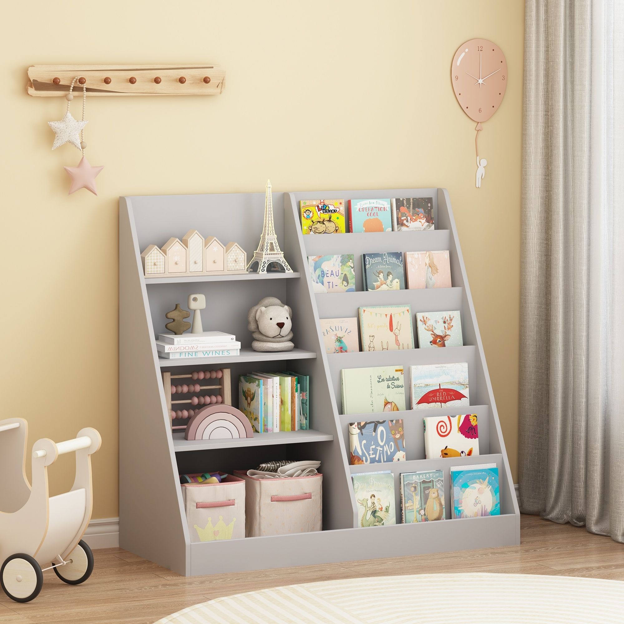 Bookshelf And Toy Storage Organizer, 4 Tier Bookcase With Display Stand For Playroom
