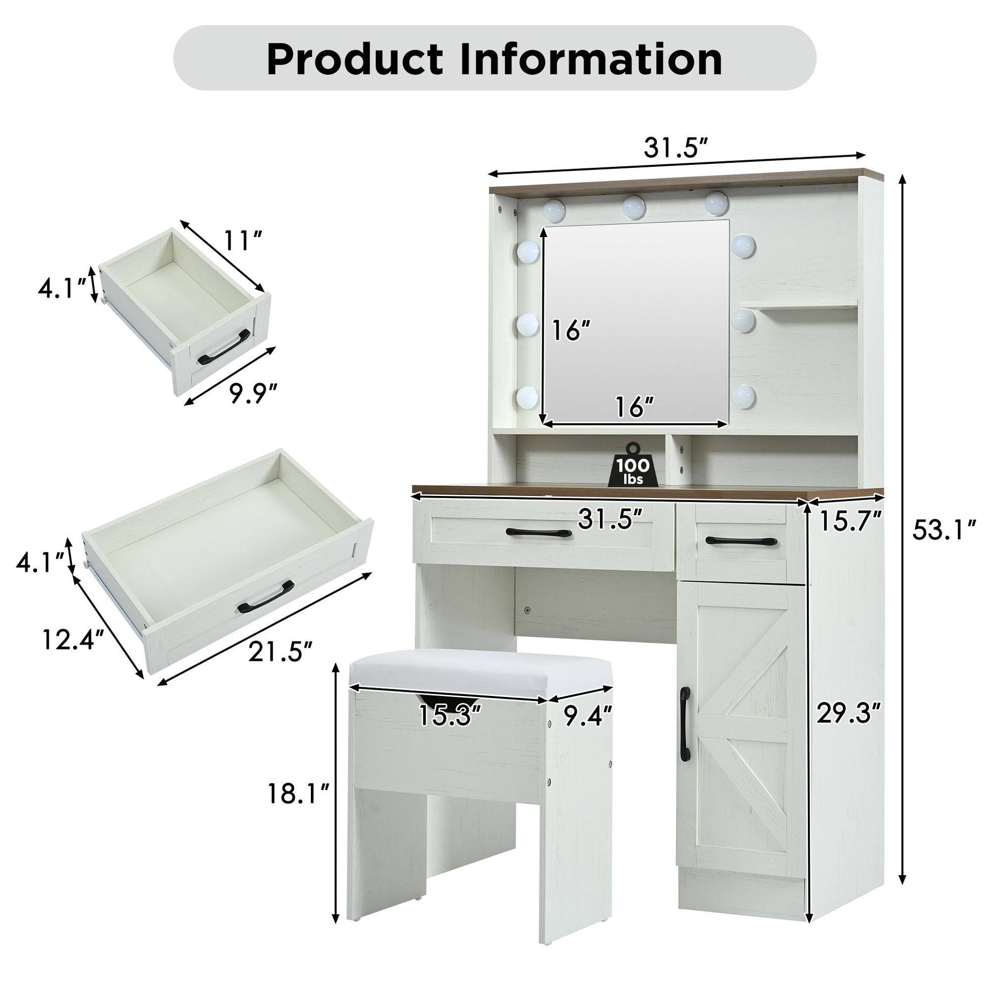 Farmhouse Makeup Vanity Desk With Mirror And Lights, 3 Lighting Modes, Vanity Set With Stool, Dressing Table With Adjustable Shelves, 2 Drawers And Side Cabinet For Bedroom - White - Best Buy Furniture