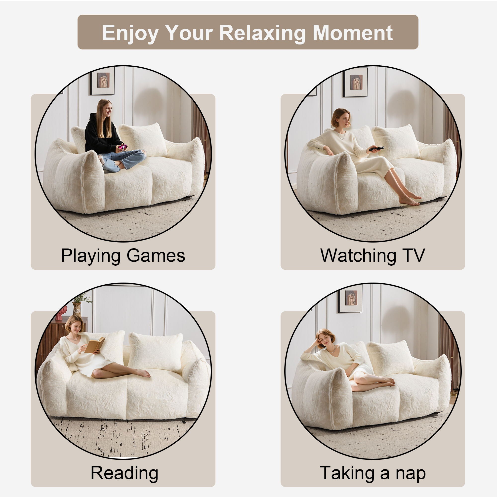 Giant Bean Bag Couch, Ultra Soft Fluffy Loveseat For Living Room Reading Chair With Pillows - White