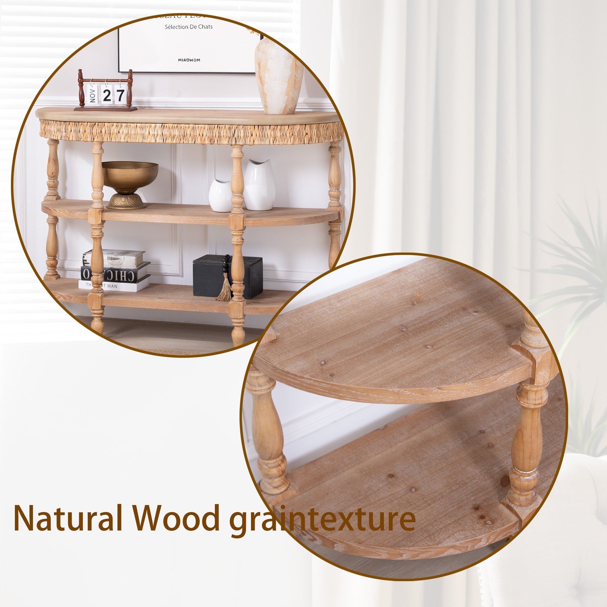 Handcrafted Wood Console Table with Hand-Woven Trim, 3-Tier Storage Shelves, Oval Entryway Table with Carved Legs, Rustic Coastal Farmhouse Accent Table, 49' Hallway Sofa Table