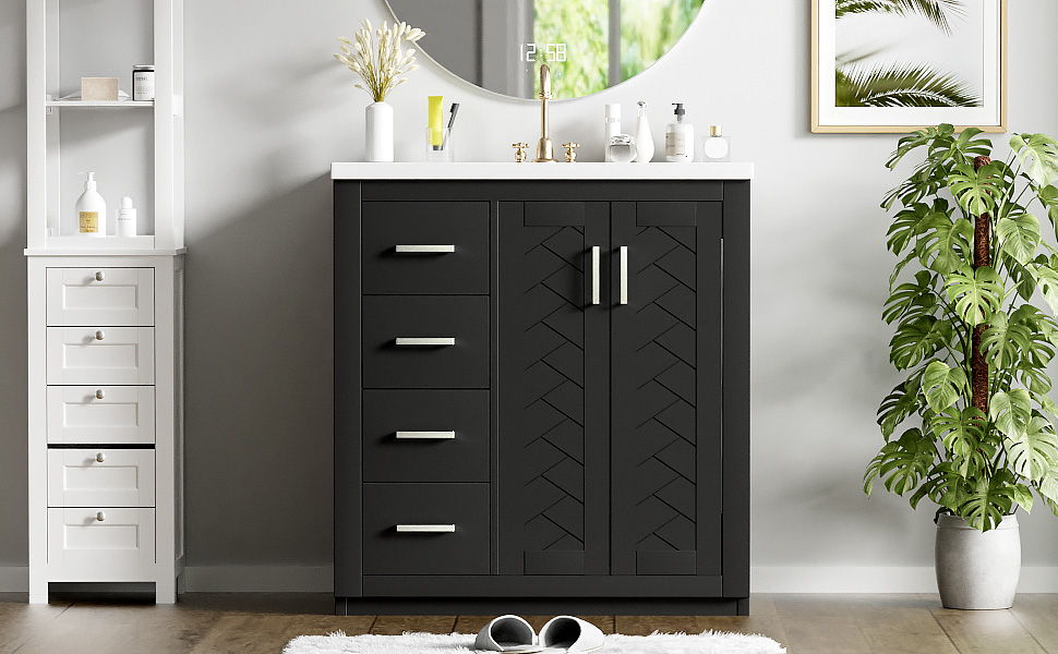 Ceramic Sink Combo, Freestanding Vanity Set With 3 Drawers & Soft Closing Doors