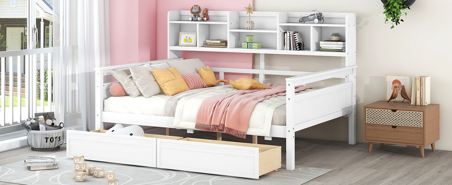 Daybed, Wood Slat Support, With Bedside Shelves And Two Drawers