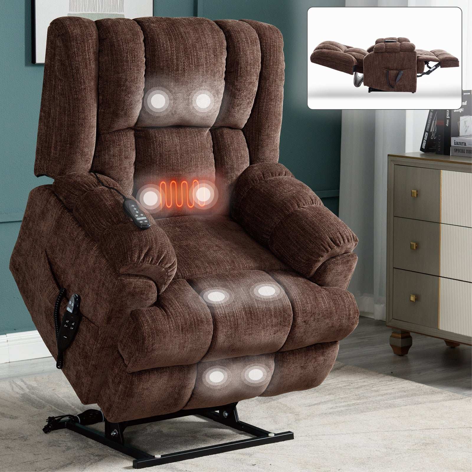 TOPMAX Electric Power Lift Recliner with Massage, Brown - Best Buy Furniture