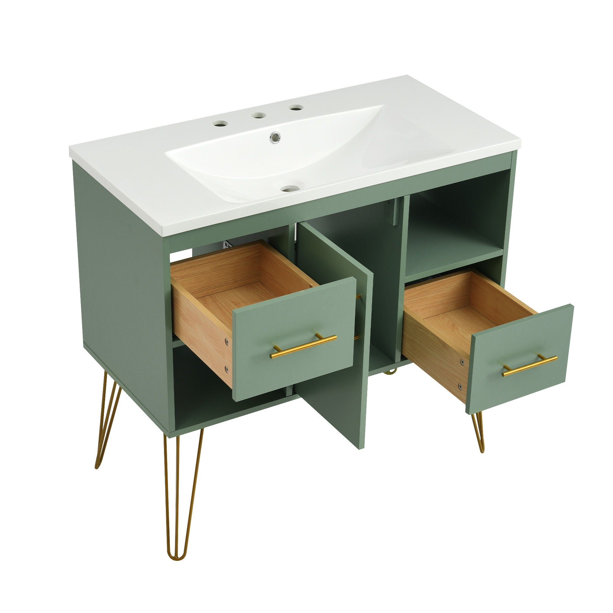 Bathroom Vanity With Resin Sink Combo Set, Modern Freestanding Single Bathroom Cabinet With 2 Drawers & 2 Storage Compartments, Storage Cabinet For Bathroom, Frame Vanity Set - Green