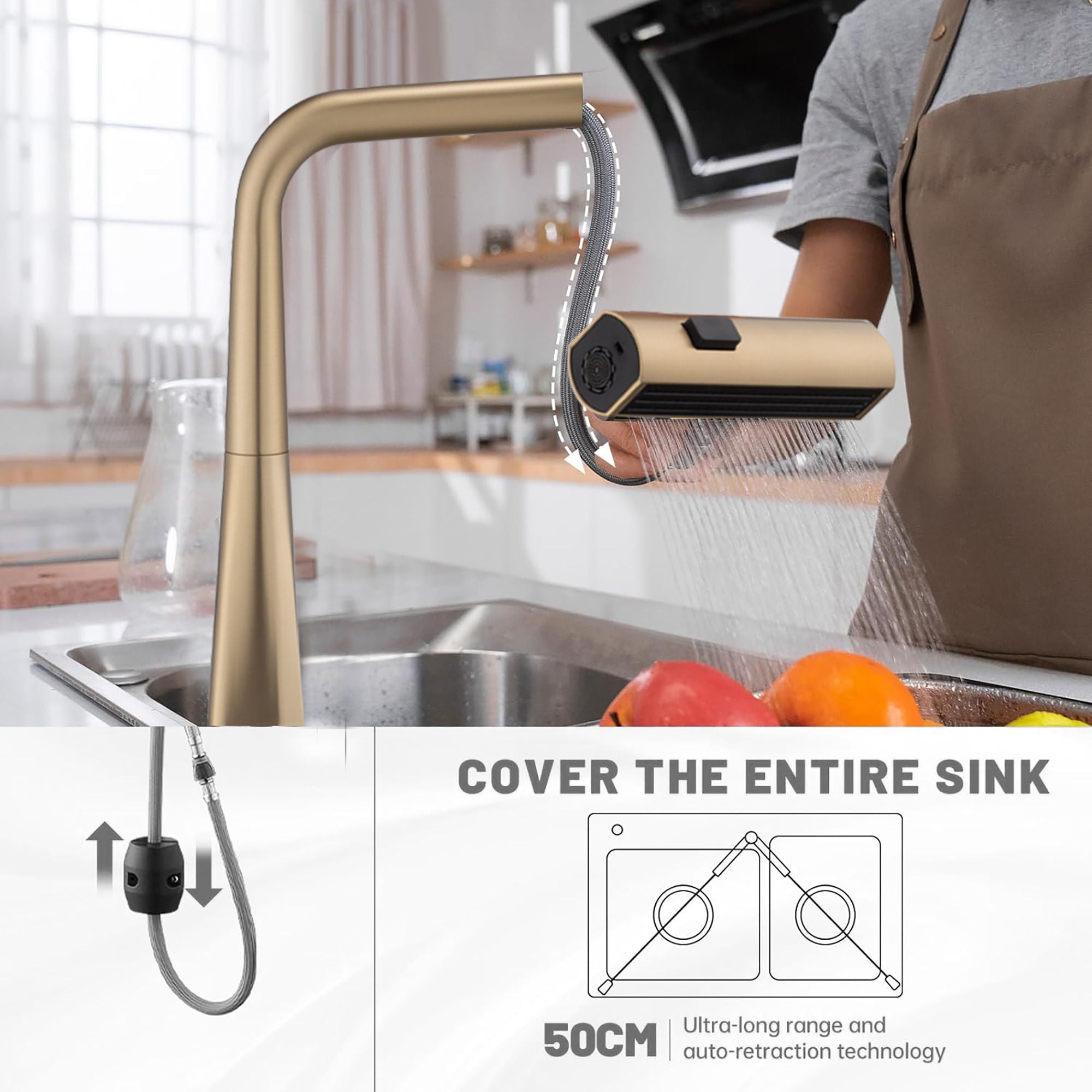 Waterfall Kitchen Faucet With Temperature Display And Pull Down Sprayer - Brushed Gold