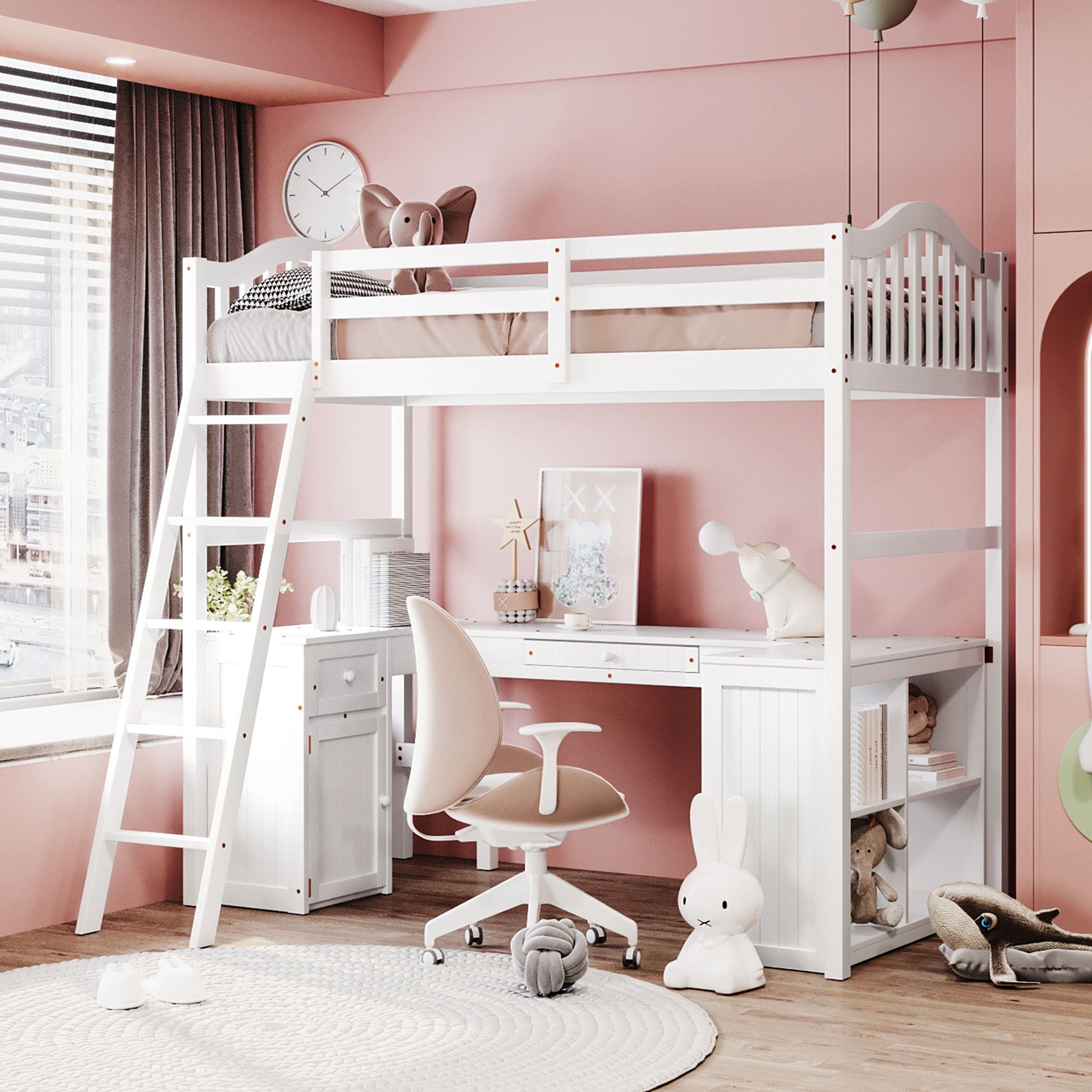 Loft Bed With Drawers, Cabinet, Shelves With Desk