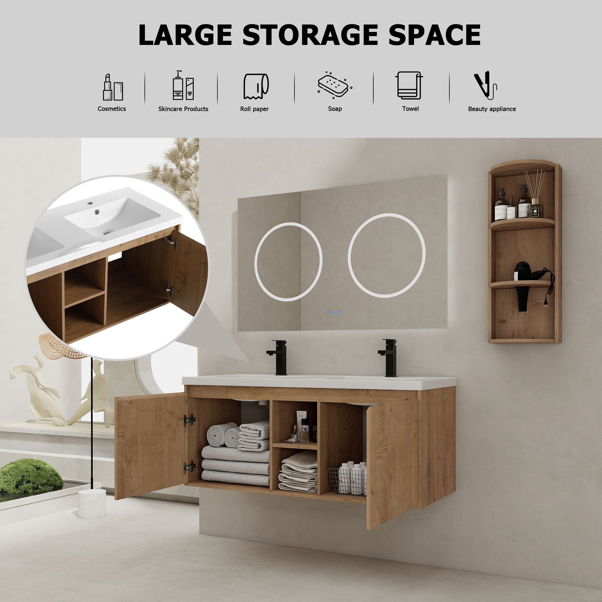 48" Wall Mounted Bathroom Vanity With Double Resin Sink And Storage Rack Soft Close Doors Plywood Construction - Imitative Oak