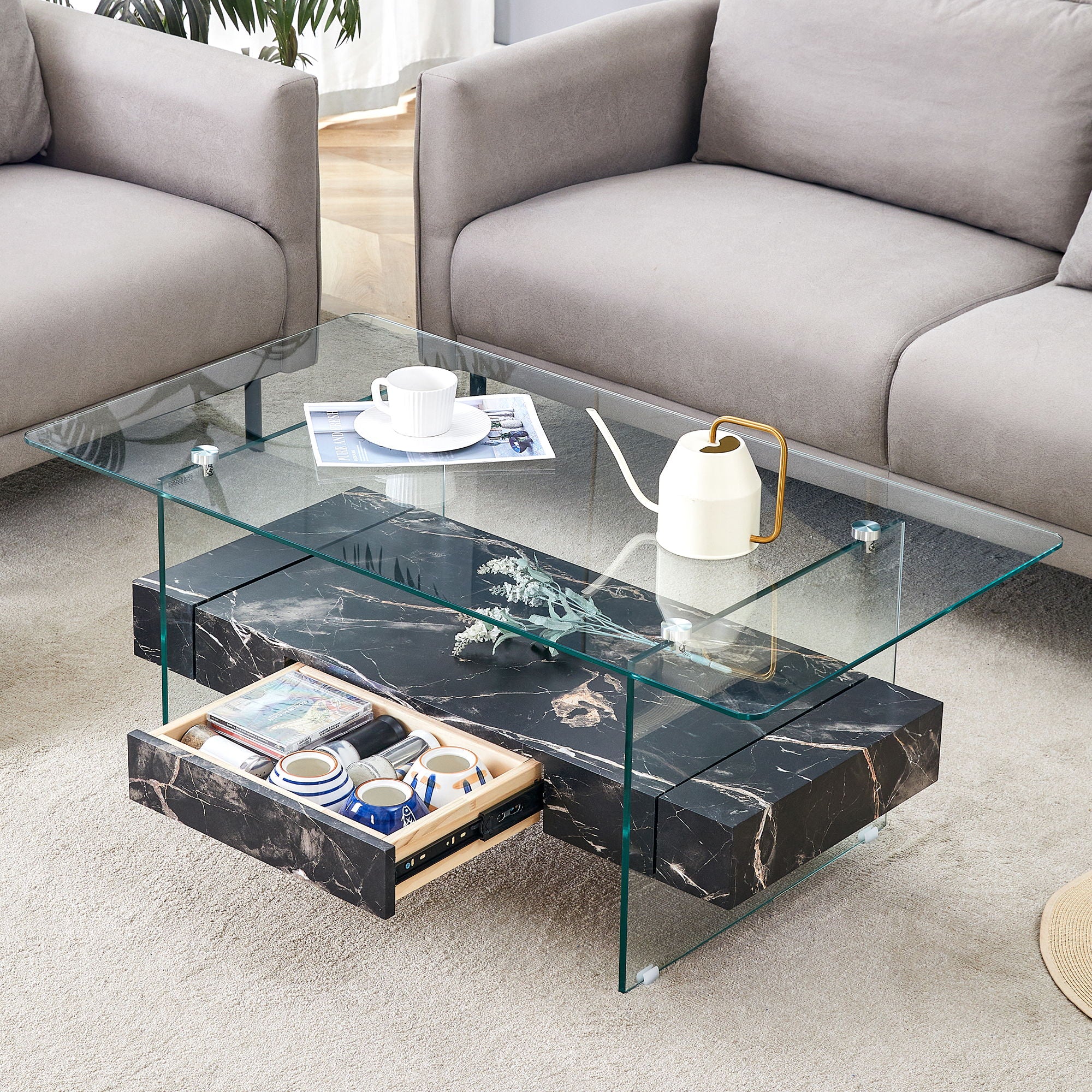 Modern 2 Tier Square Coffee Table, Elegant Marble Pattern