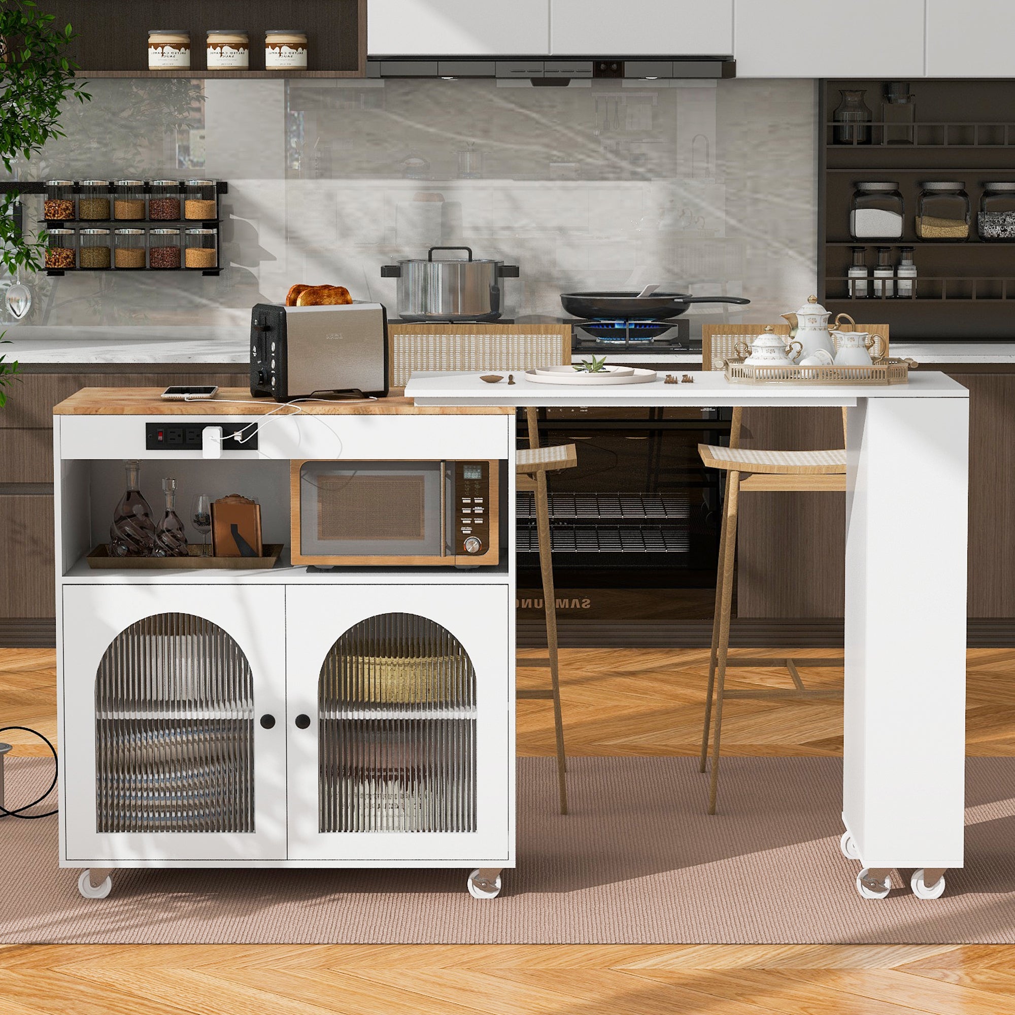 K&K Rolling Kitchen Island with Extended Table and Storage, White