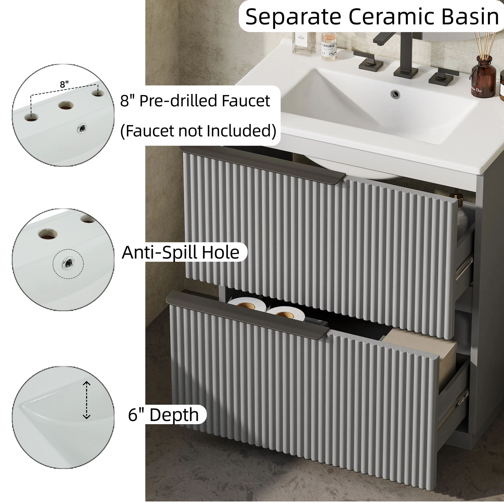 Fluted Bathroom Vanity With Ceramic Sink, Freestanding Cabinet