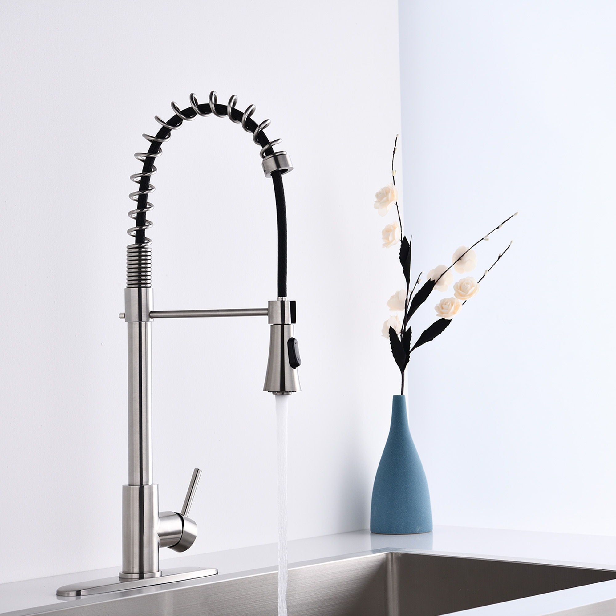 Modern Single Handle Spring High Arc Kitchen Faucet With Water Filter System, Stainless Steel - Brushed Nickel