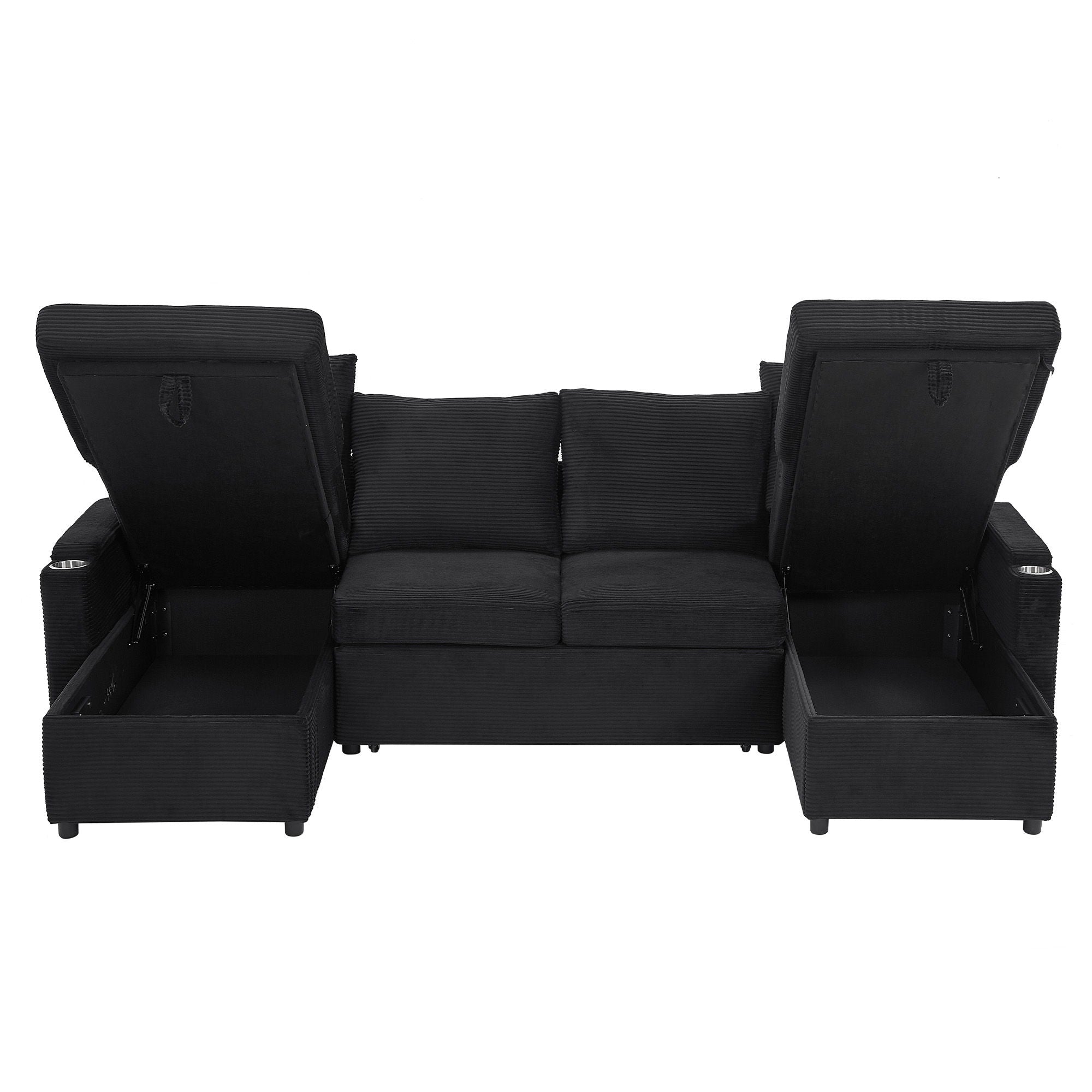 U Shaped Sectional Sofa Bed With Storage Chaise Lounges, USB Ports, And Cup Holders