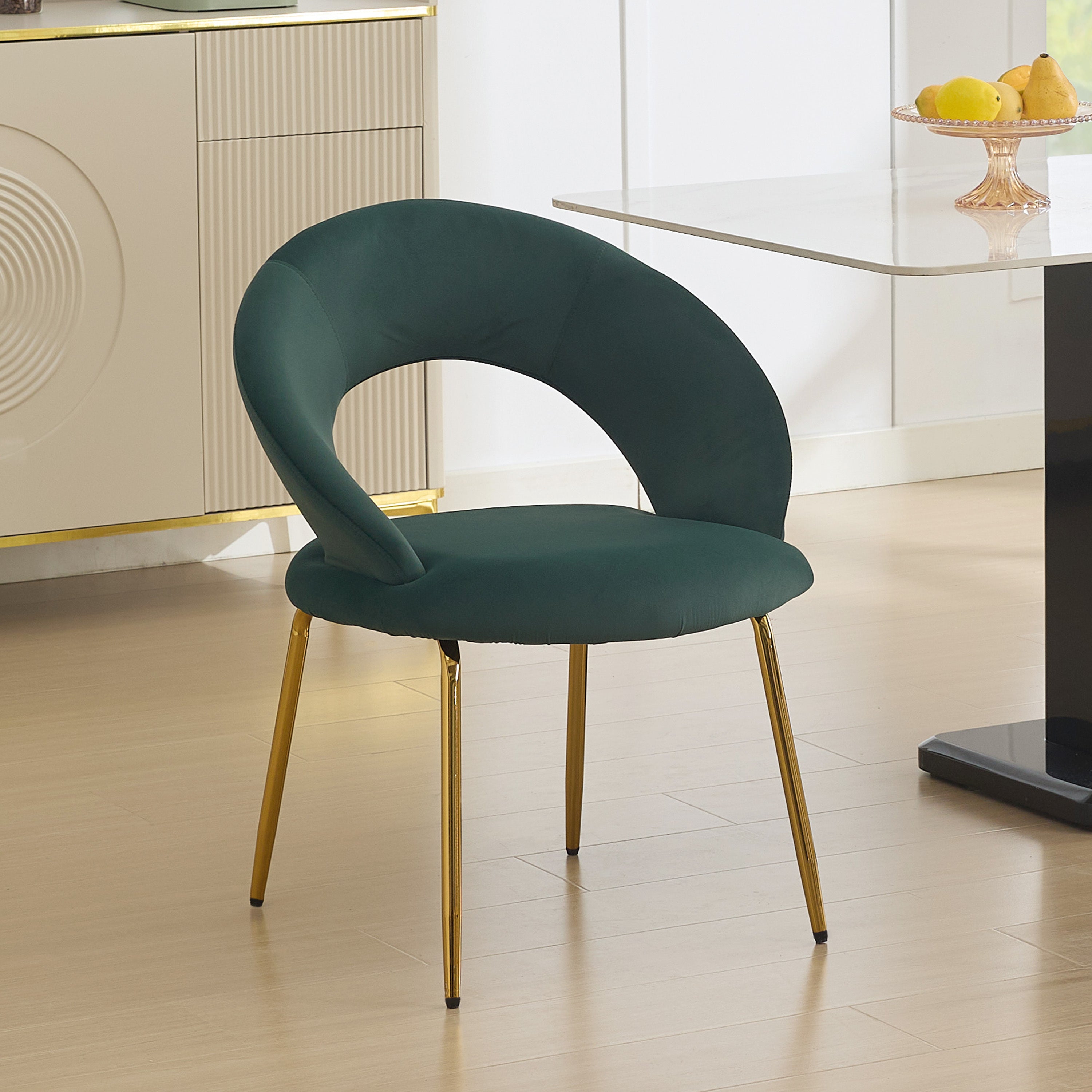 Velvet Fabric Dining Chair with Curved Backrest and Golden Metal Legs