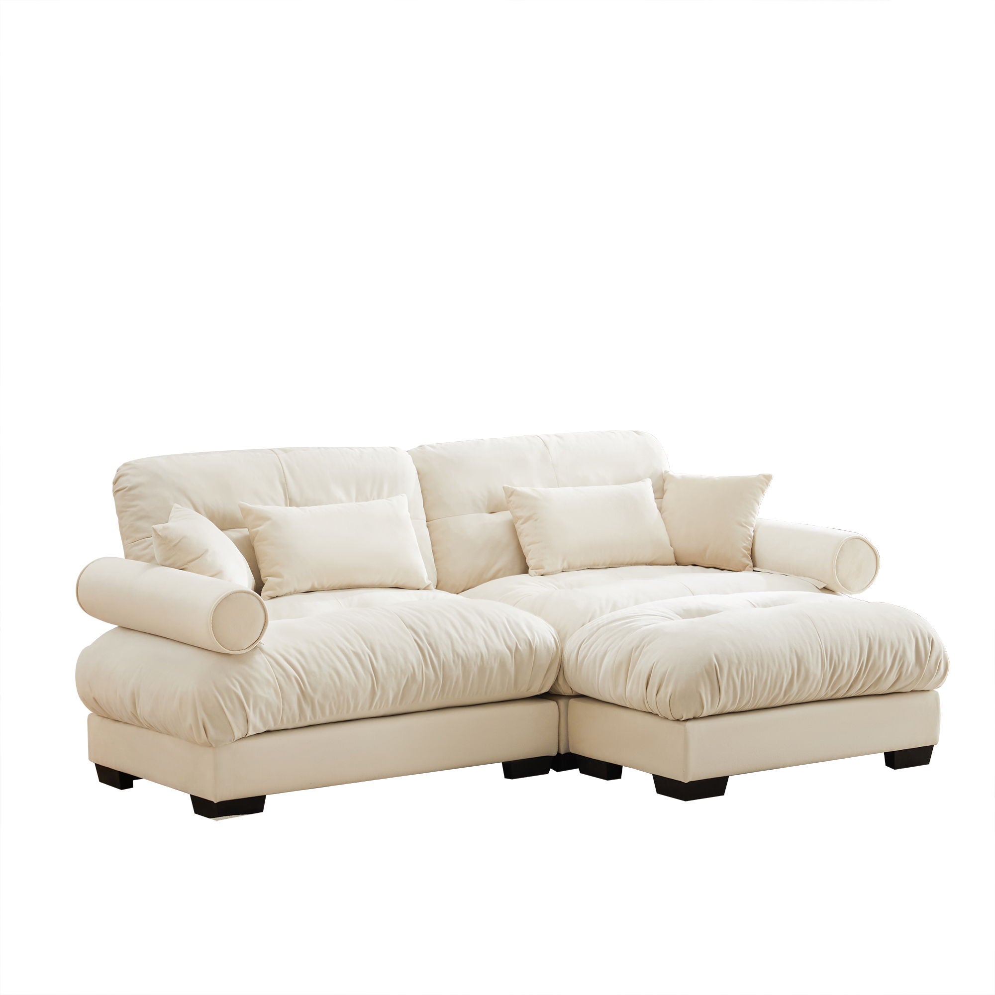 Modern Sectional Sofa With Ottoman, Round Bolster Armrests, Waist And Throw Pillows