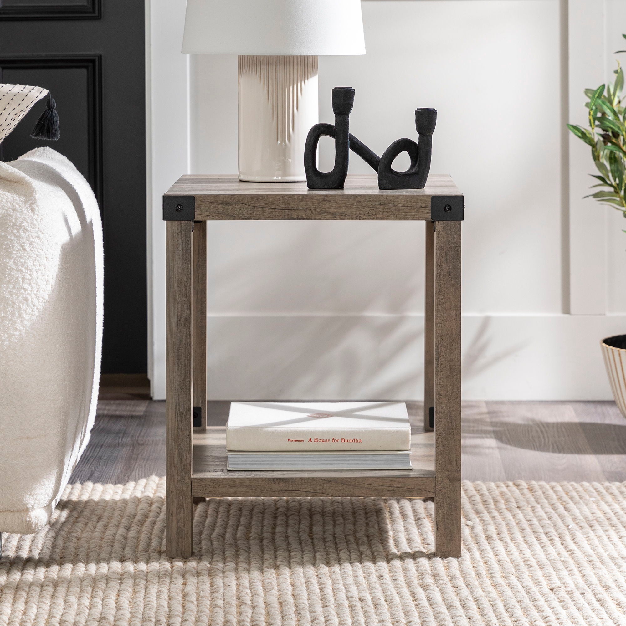 Rustic Industrial X 2 Tier Side Table - Gray Wash