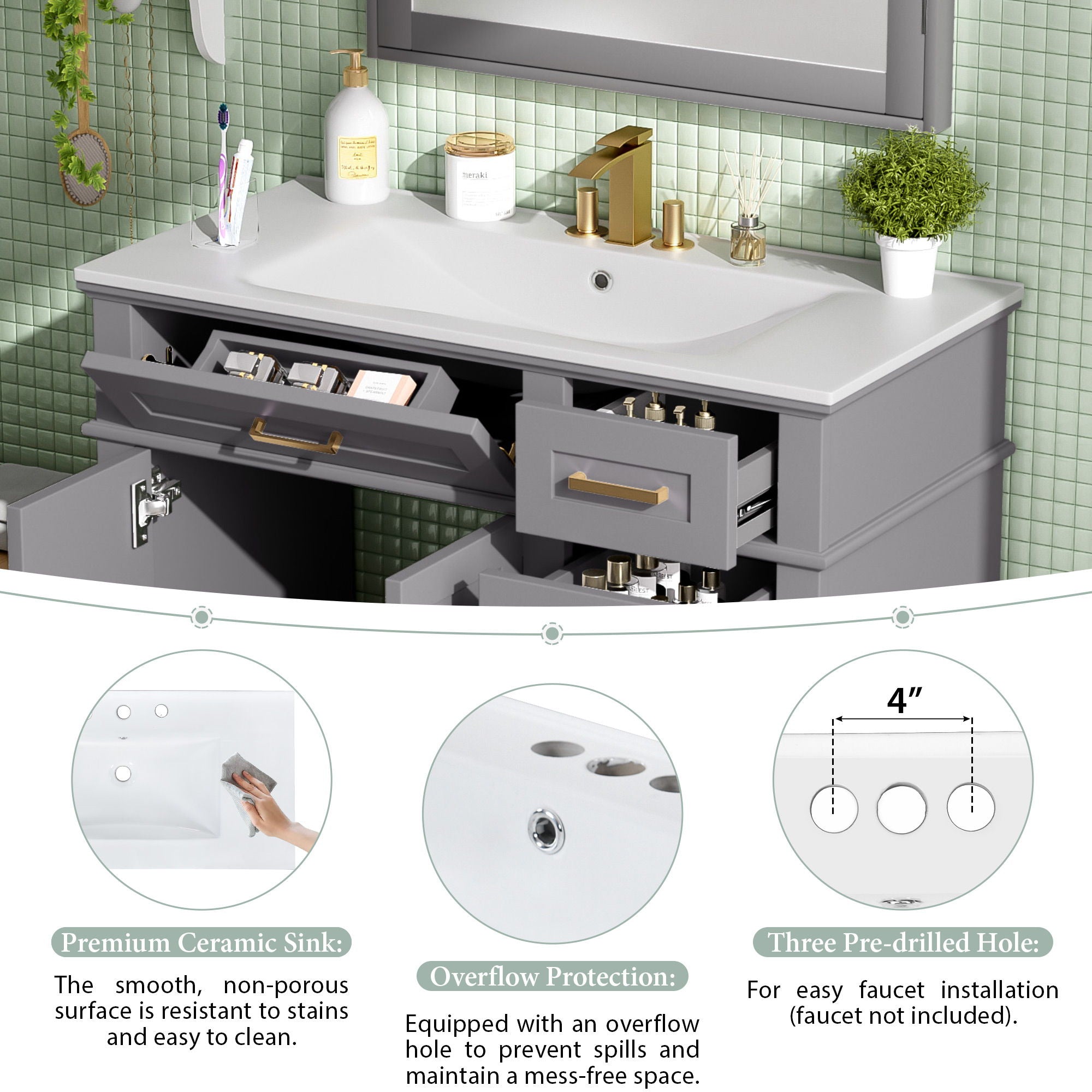 Bathroom Vanity With Sink, Soft Close Doors, And Storage Drawers - Gray