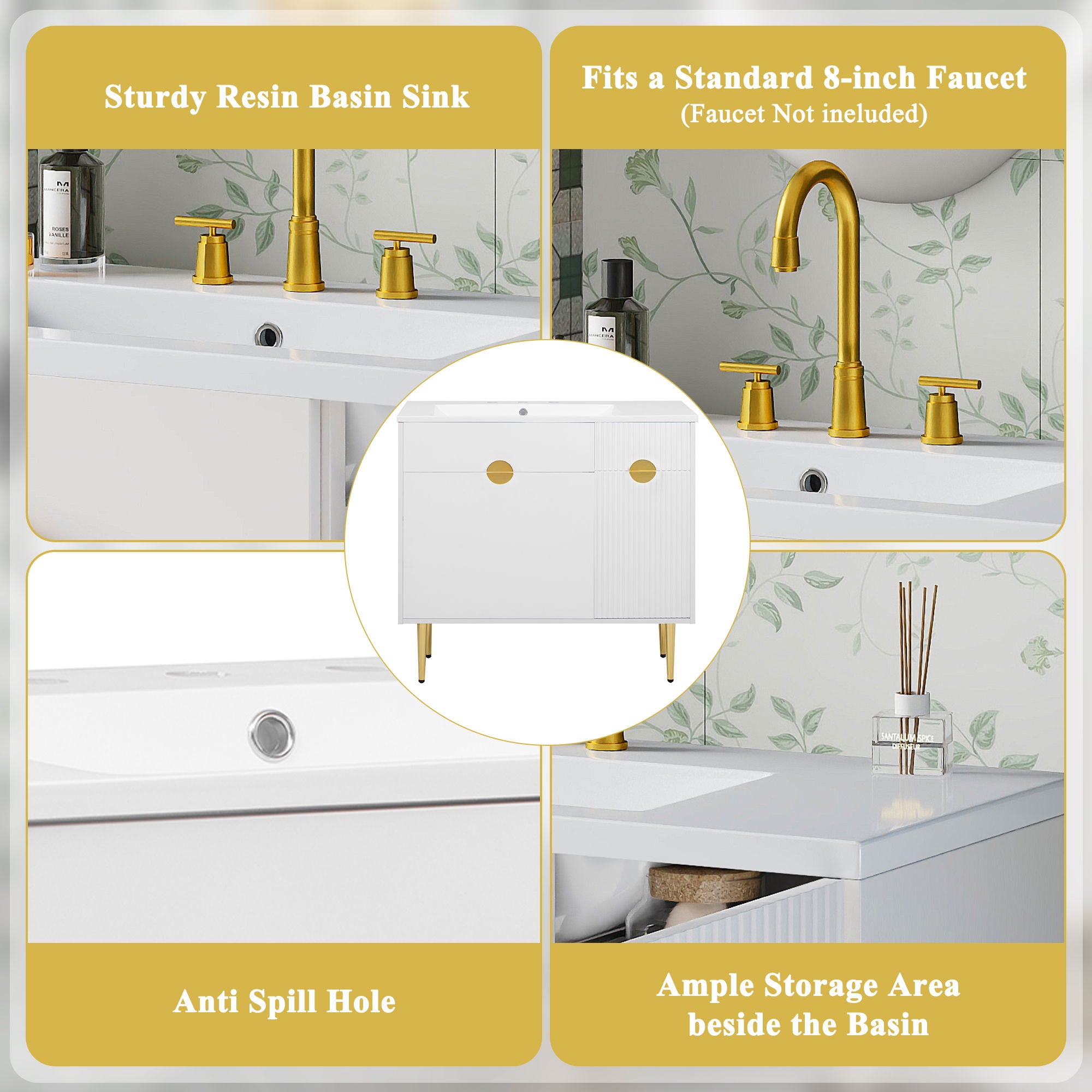 Bathroom Vanity With Sink, Storage Cabinet Soft Closing Door And Drop Down Compartment - White