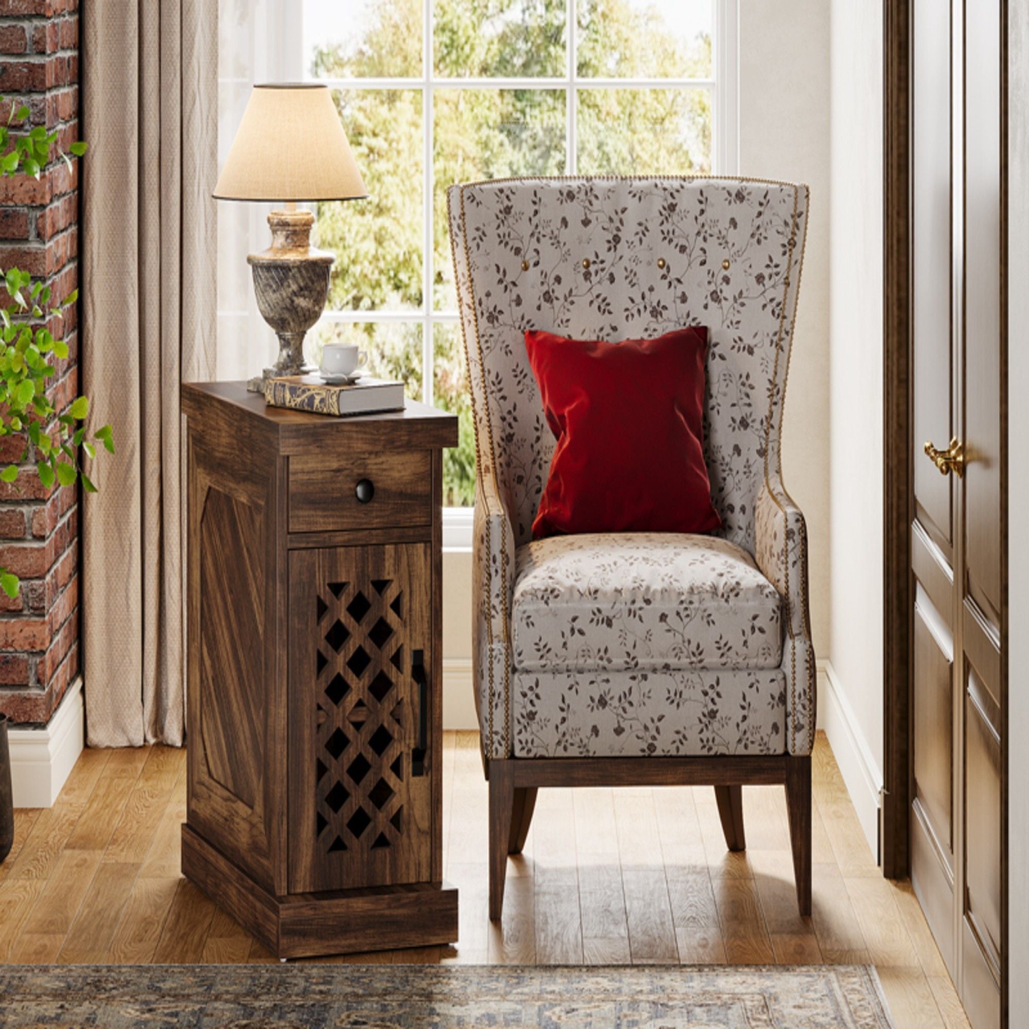 Narrow End Table With Drawer & Cabinet, Nightstand For Small Spaces - Brown