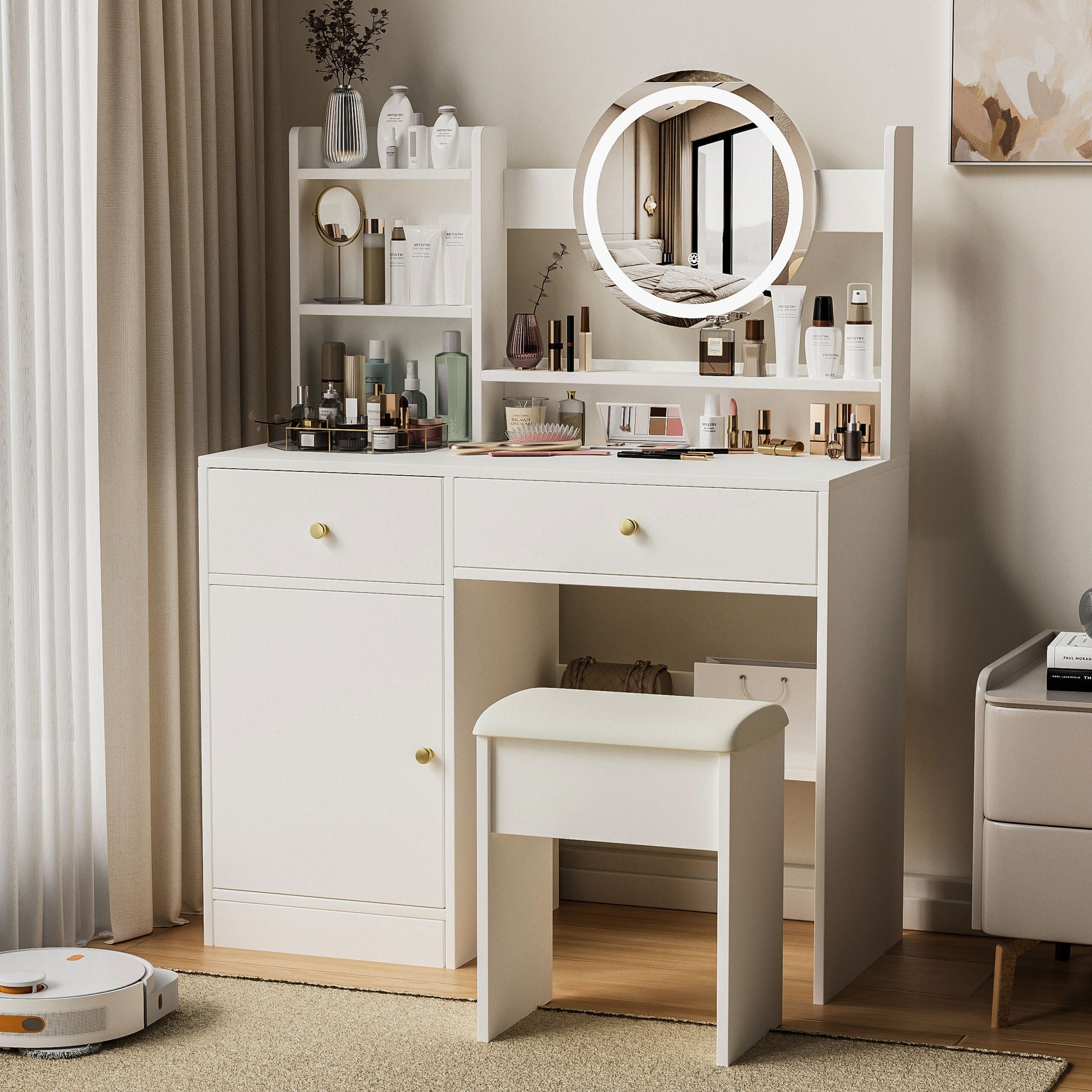 Fashion Vanity Desk With Mirror And Lights For Makeup And Cushioned Chair - White