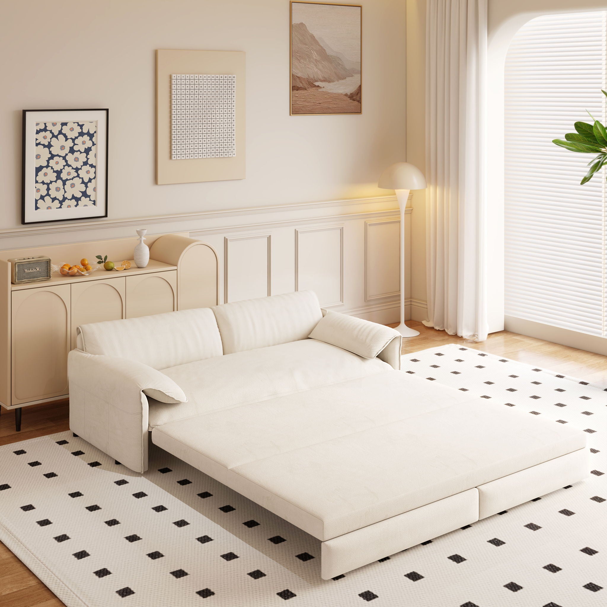 Queen Pull Out Sofa Bed, 3 In 1 Convertible Sleeper Sofa With Side Storage For Living Room - Beige