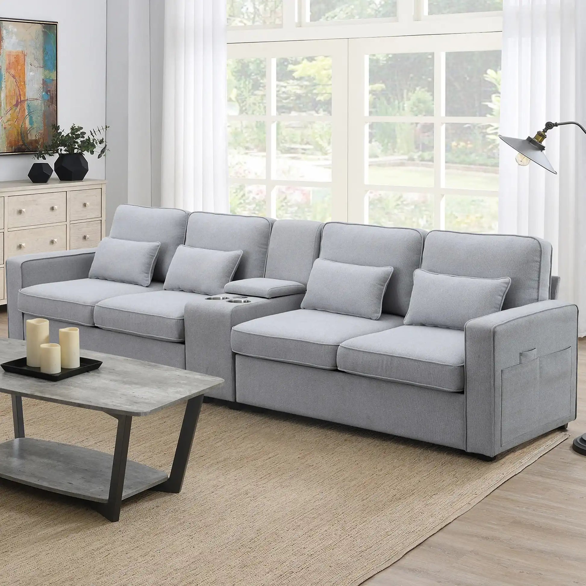 114.2" Modern Upholstered Sofa with Console, 4 Seats, Linen Fabric - Best Buy Furniture