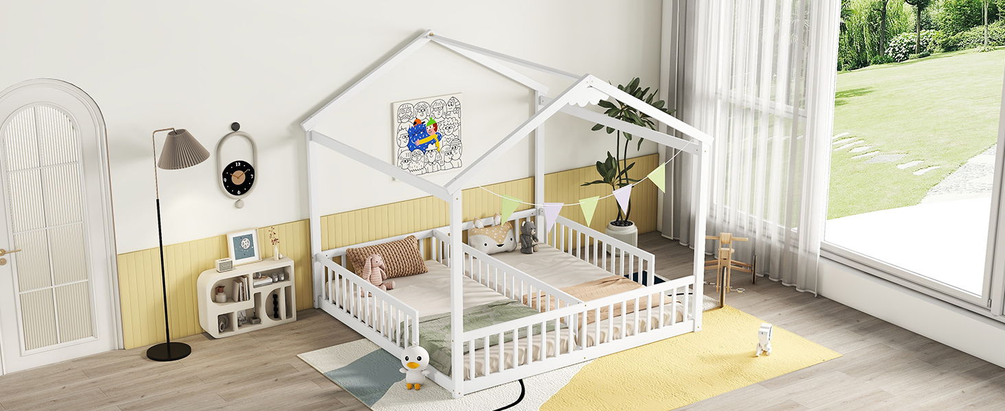 Double Twin House-Style Floor Bed With Fence, Guardrails, Without Door