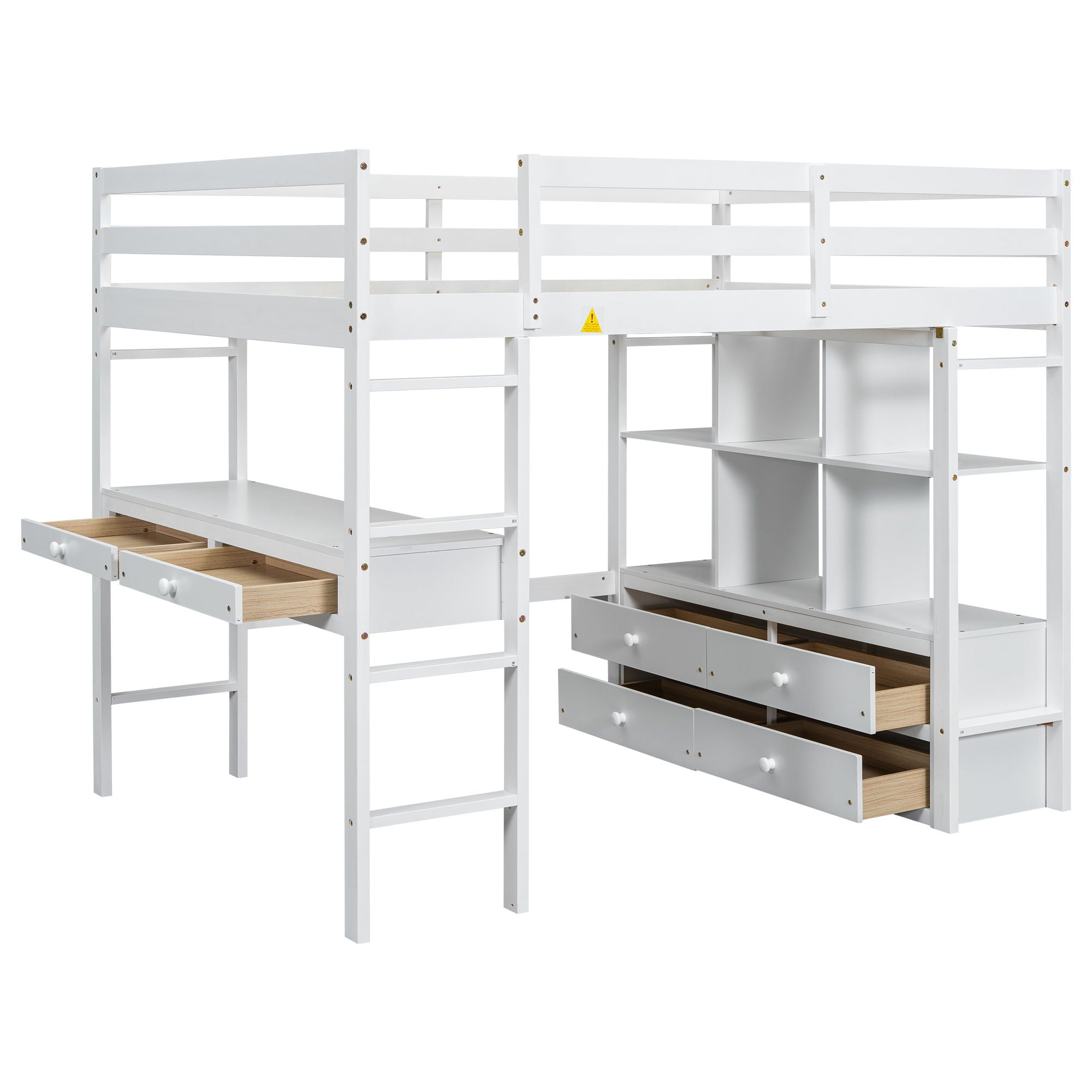 Full Size Loft Bed With Built In Desk, 2 Drawers, Storage Shelves - White