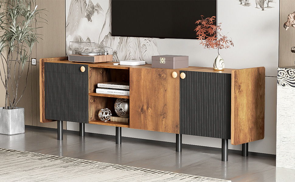 Mid Century TV Stand & 3 Cabinets, Media Console Table For Tvs Up To 70'', Entertainment Center With Storage For Living Room - Black / Brown