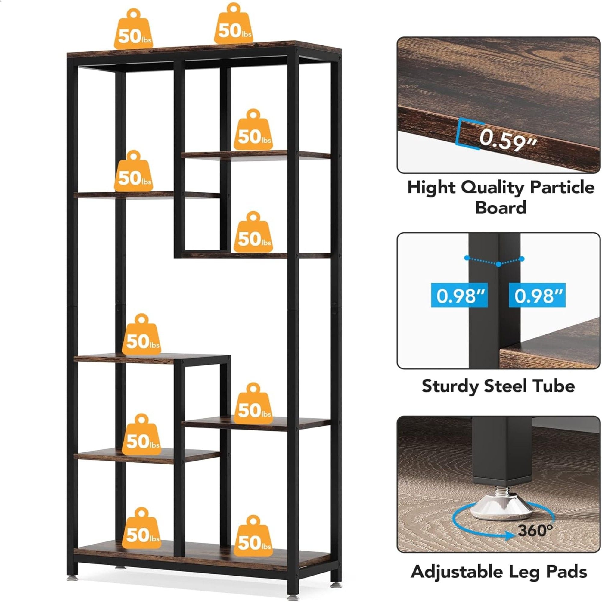 6 Tier, 8 Shelf Etagere Bookcase Storage Display Rack For Living Room - Rustic Brown