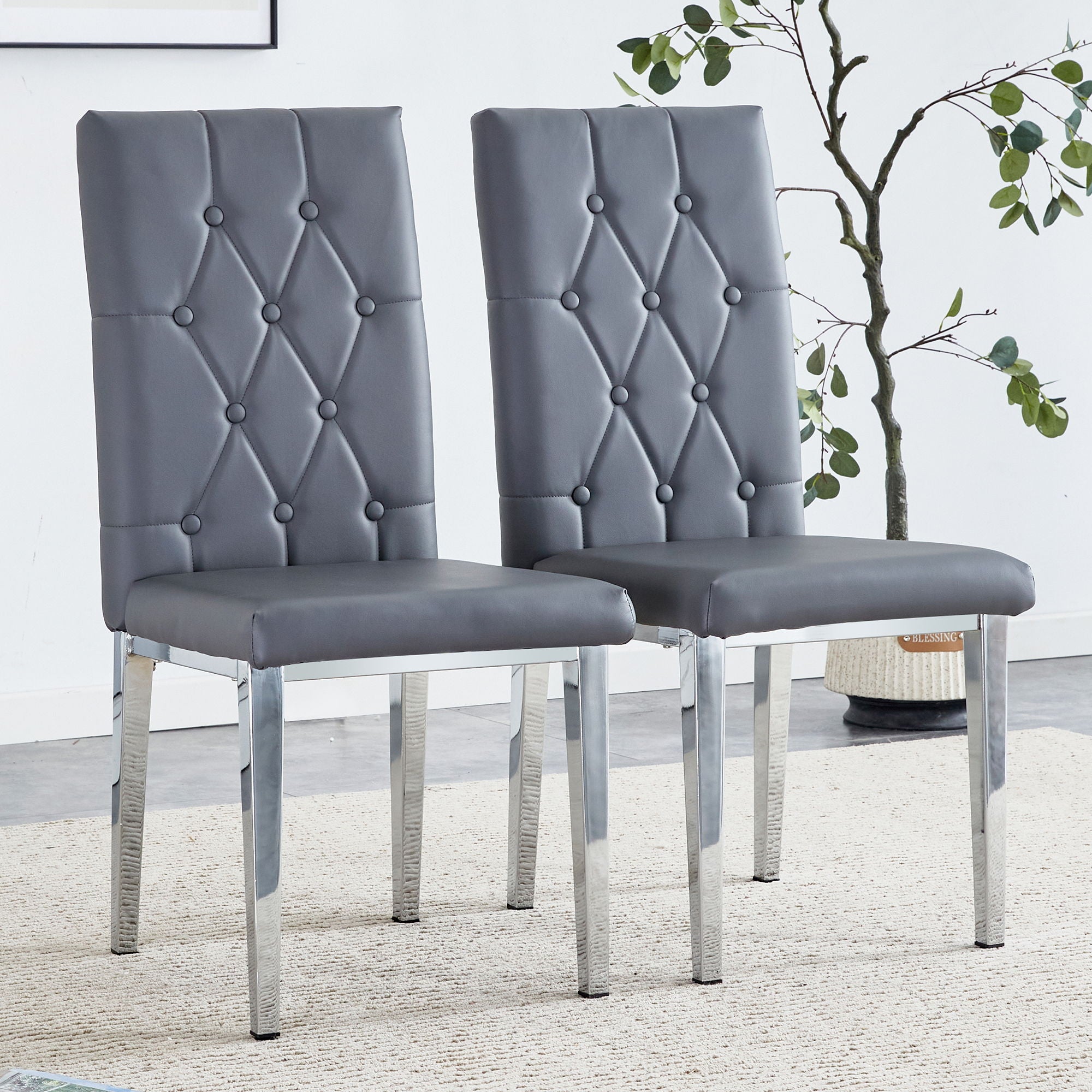 Vintage Style Armless Dining Chairs Set With Grid And Buckle Design