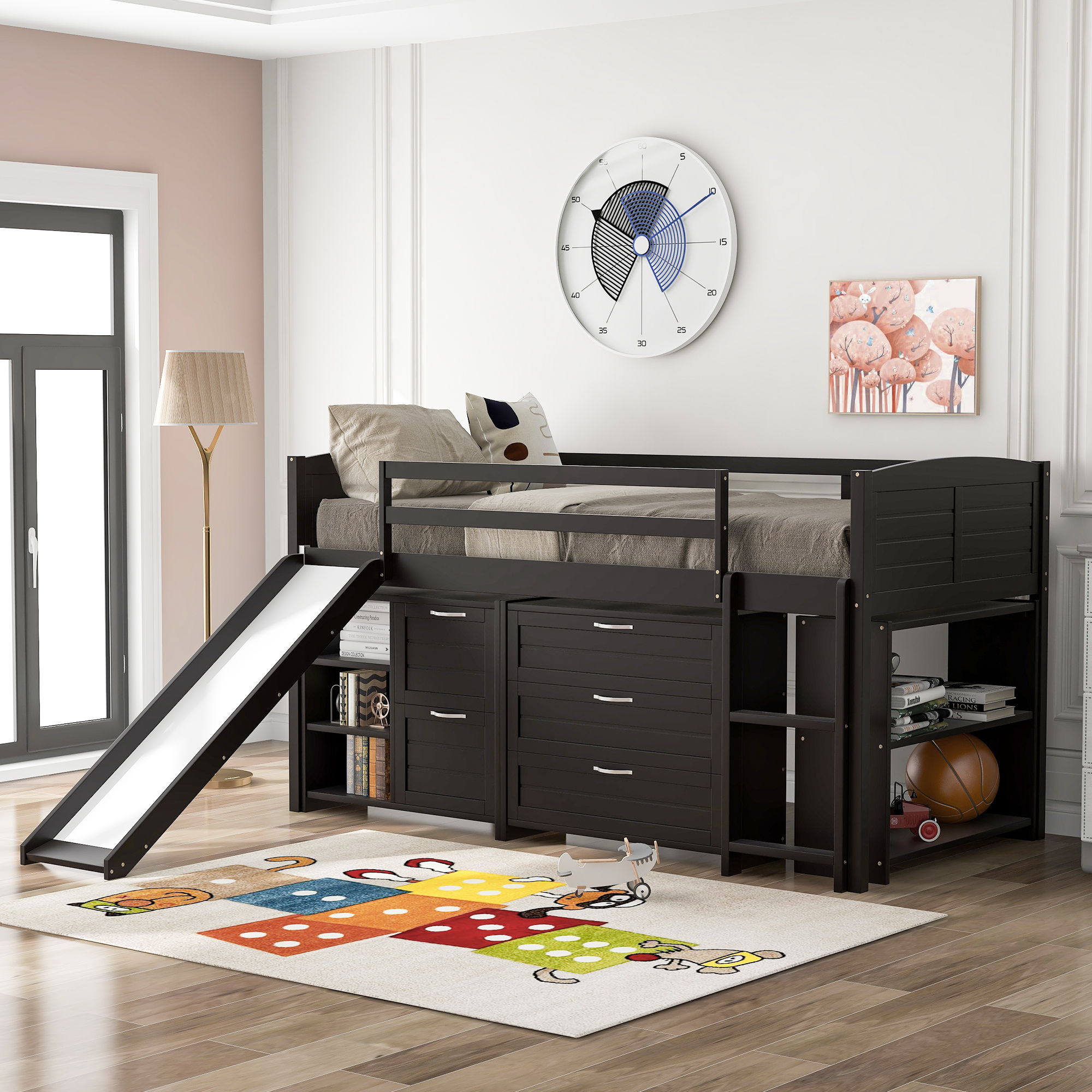 Loft Low Bed With Cabinets, Shelves And Slide