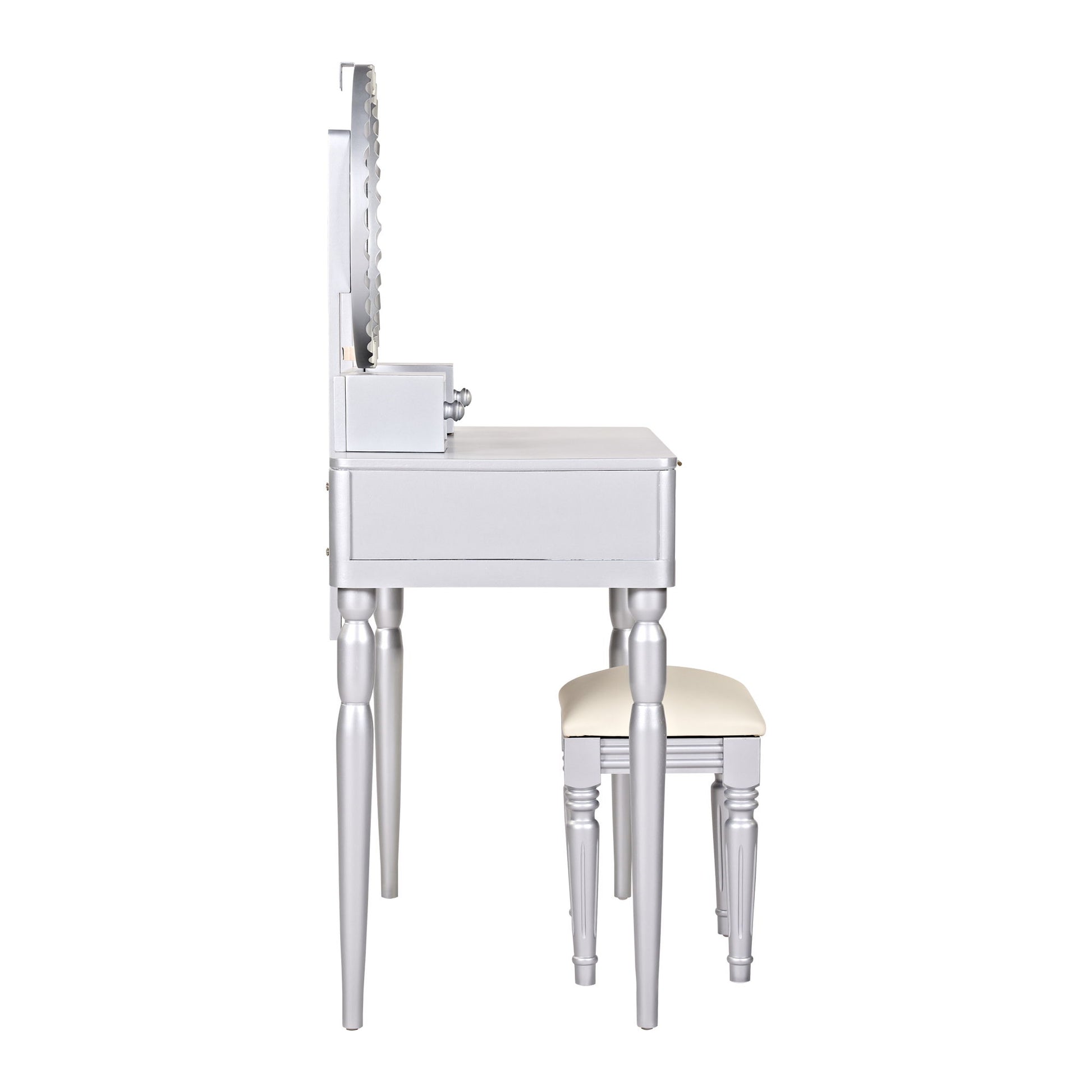 Luxury Vanity Desk With Round Mirror Height Adjustable Dressing Table Set Engineered Wood - Silver - Best Buy Furniture