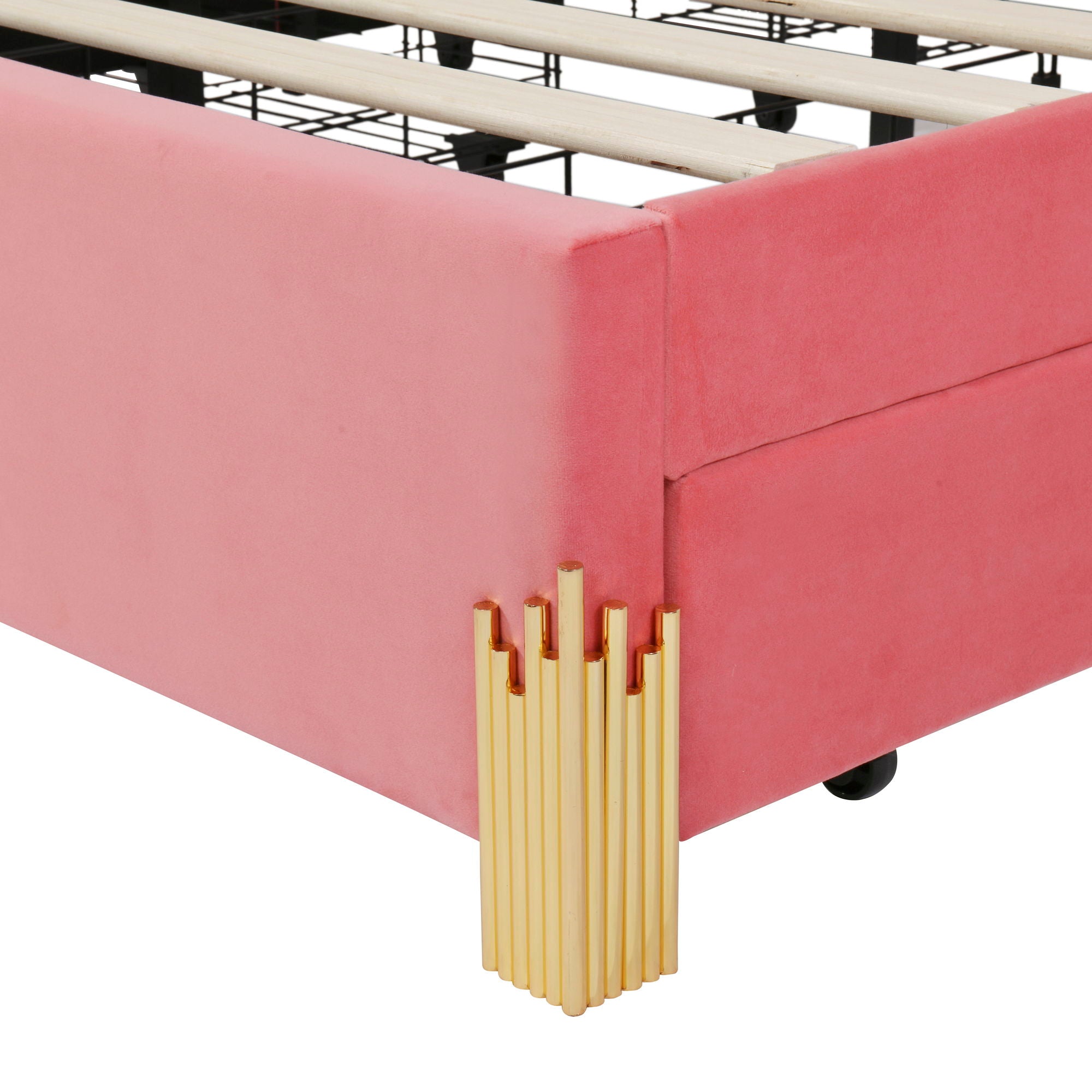 Queen Size Upholstered Platform Bed With LED Lights And 4 Drawers, Stylish Irregular Metal Bed Legs Design - Pink