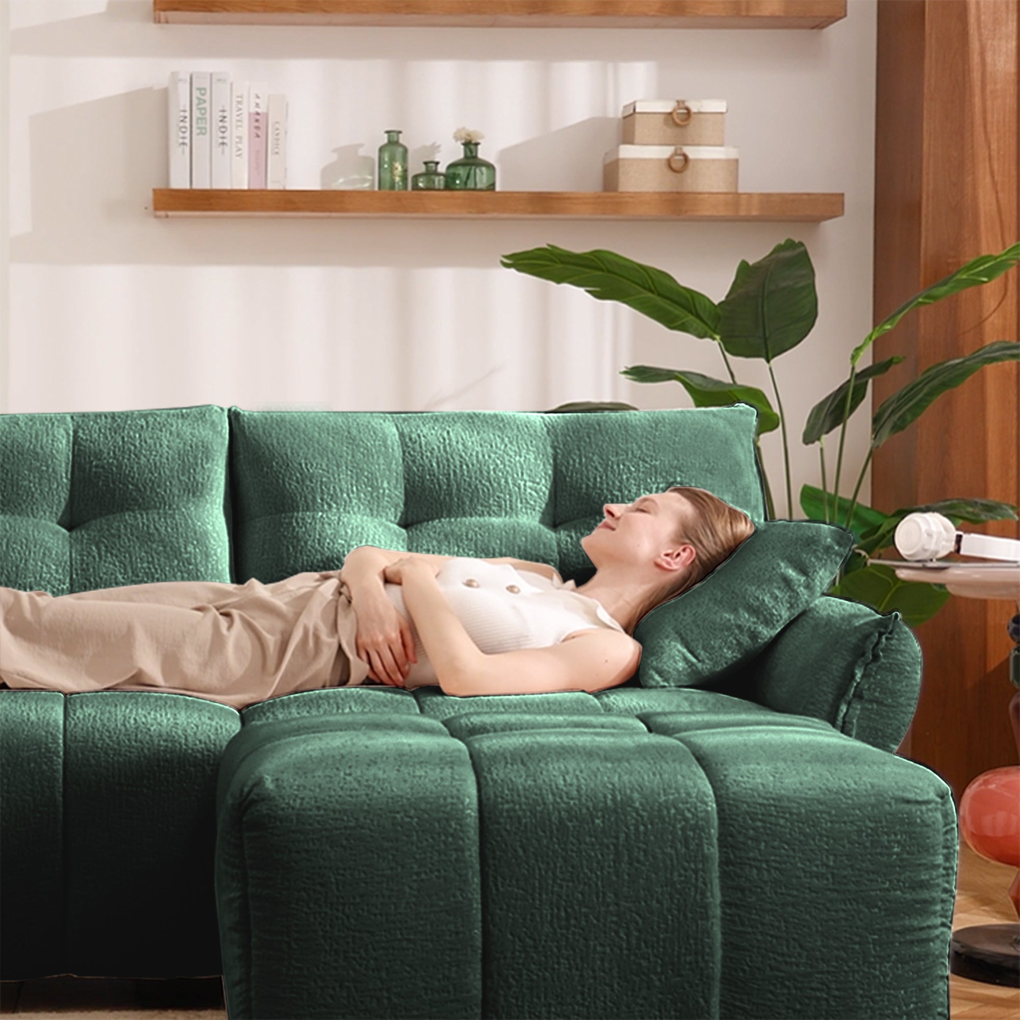 Ergonomic Single Seater Sofa with Ottoman in High-Green Chenille