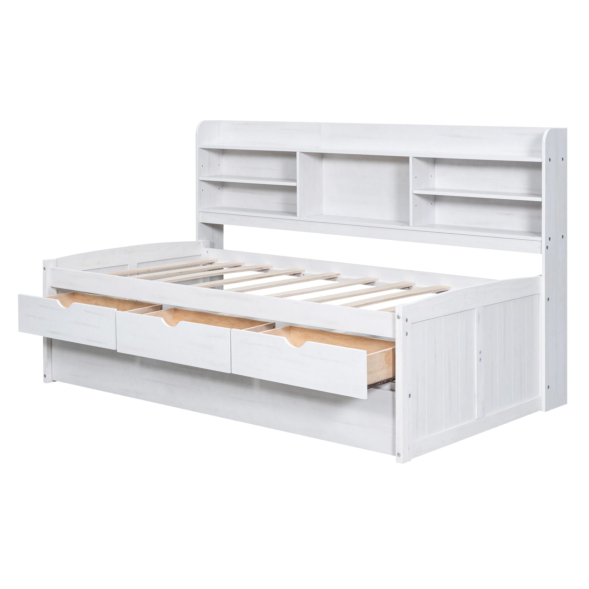 Captain Bed With Built In Bookshelves, 3 Storage Drawers, And Trundle