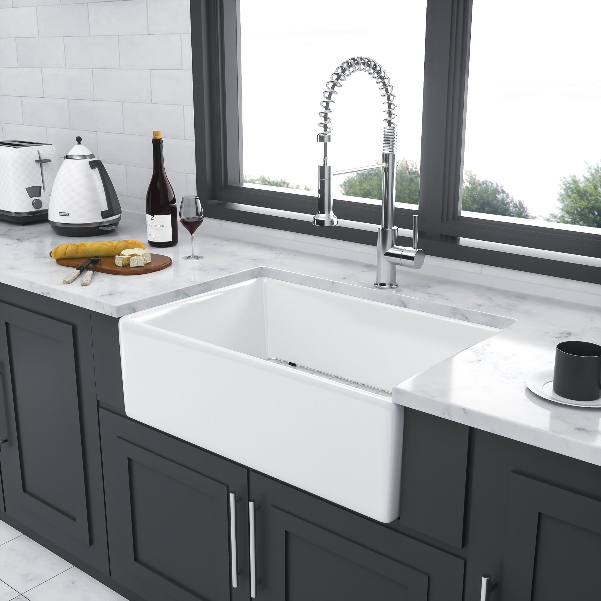 Sink 30" Apron Front Reversible Single Bowl Kitchen Sink With Grid, Strainer - White