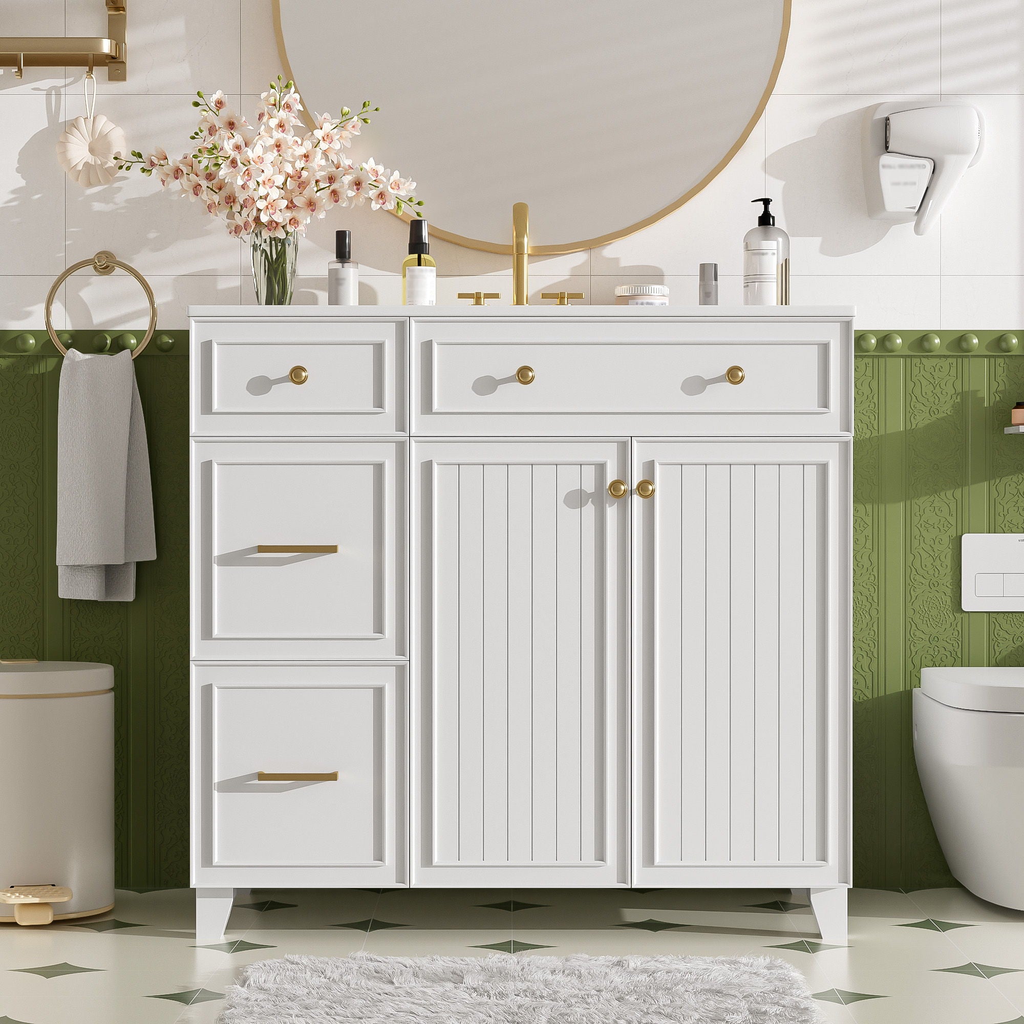 36" Bathroom Vanity With Sink, Soft Close Doors, Adjustable Shelves - White