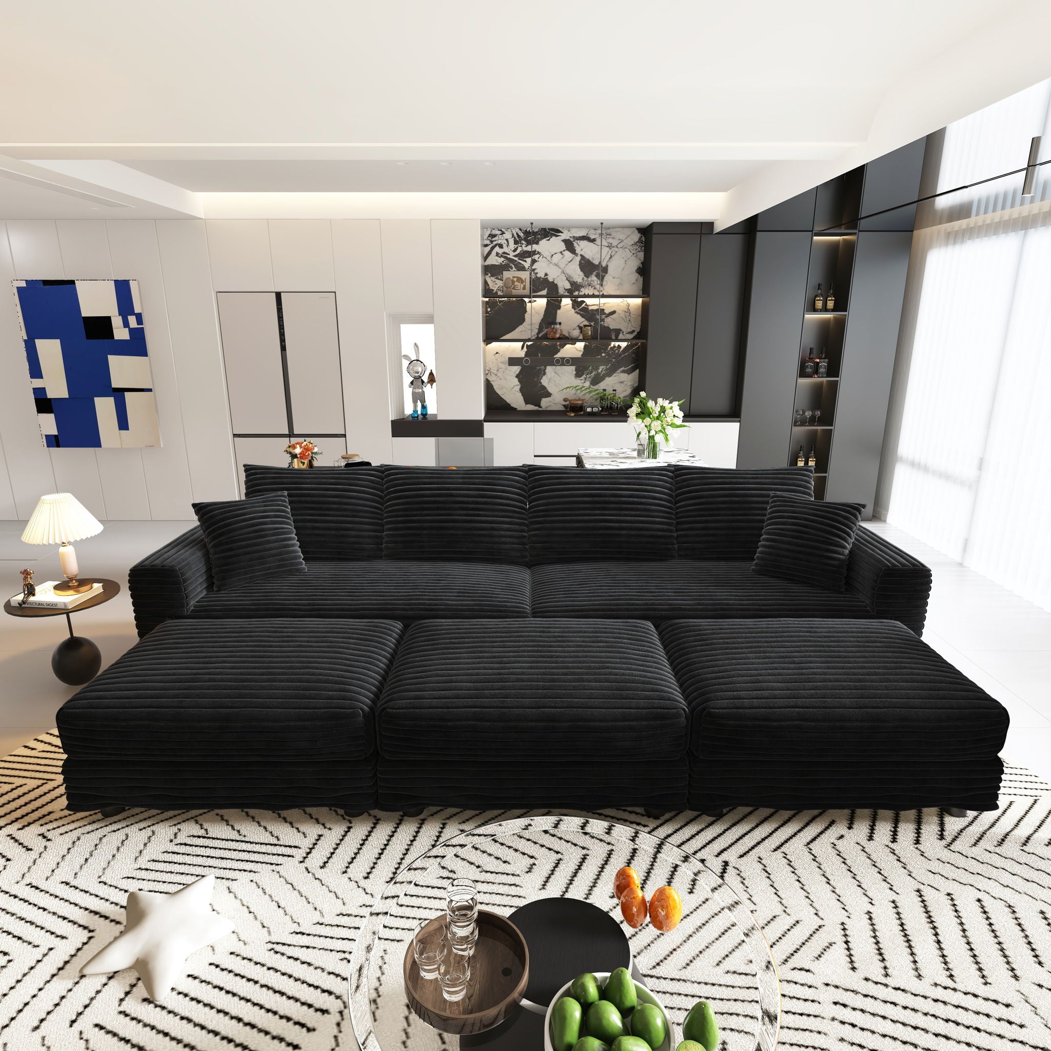 Deep Seat Convertible Sofa With Soft Pillows And Ottomans