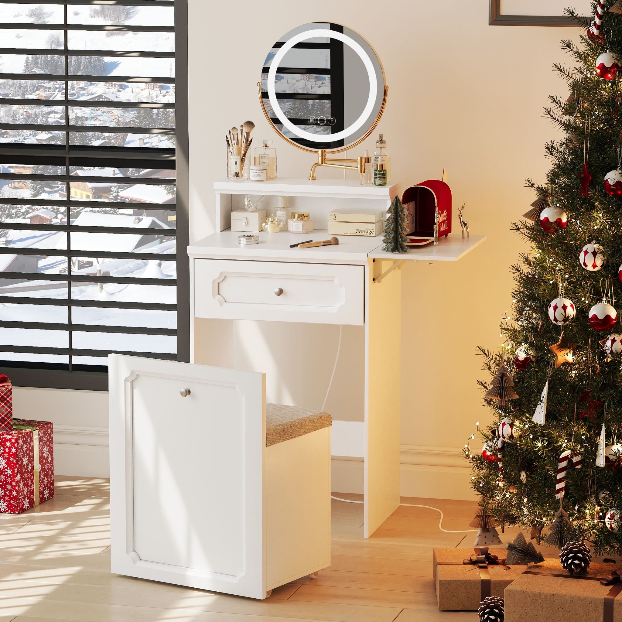Makeup Vanity Desk With Round Mirror And Lights, 2 In 1 Nightstand, Dressing Table With A Chair - Antique White