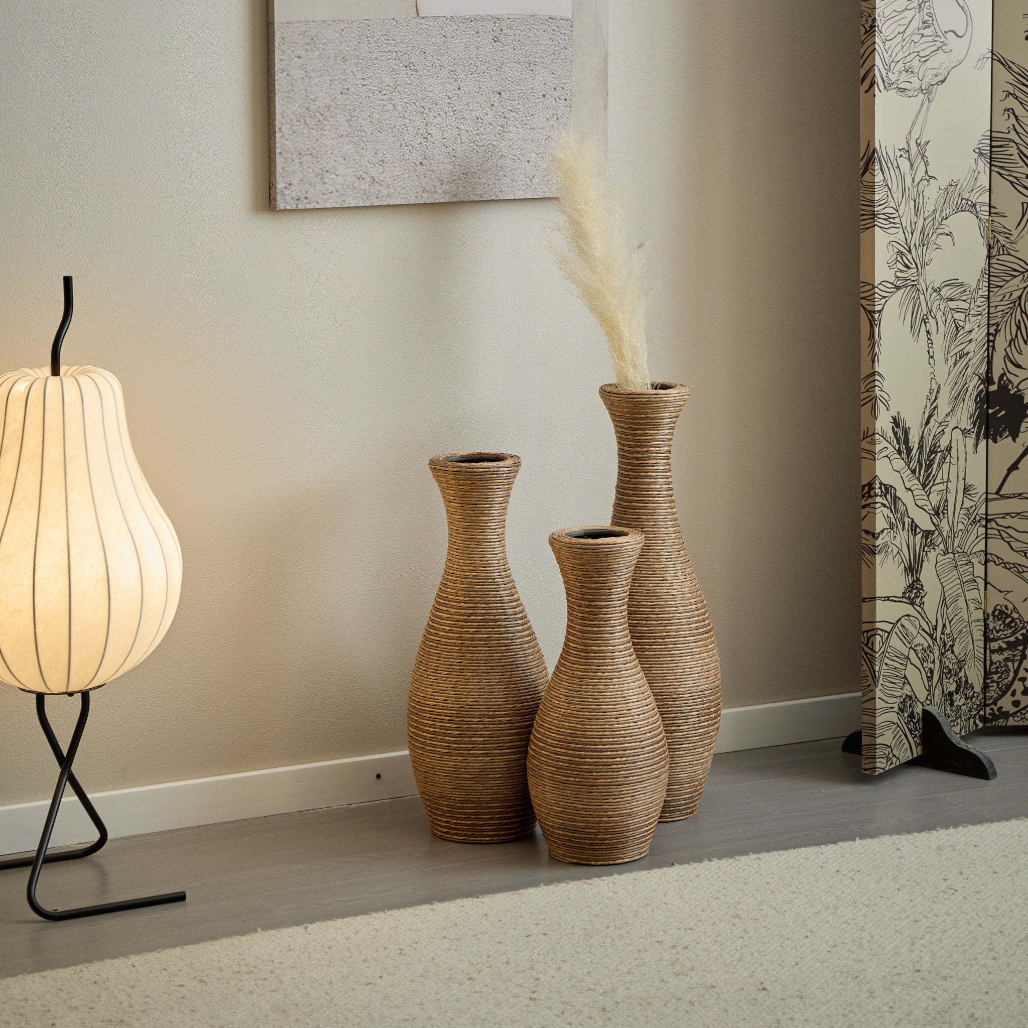 3 Piece Artificial Rattan Floor Vase Set Decorative Accent For Living Room, Hallway & Entryway, Ideal For Dried Or Silk Flower Arrangements - Beige