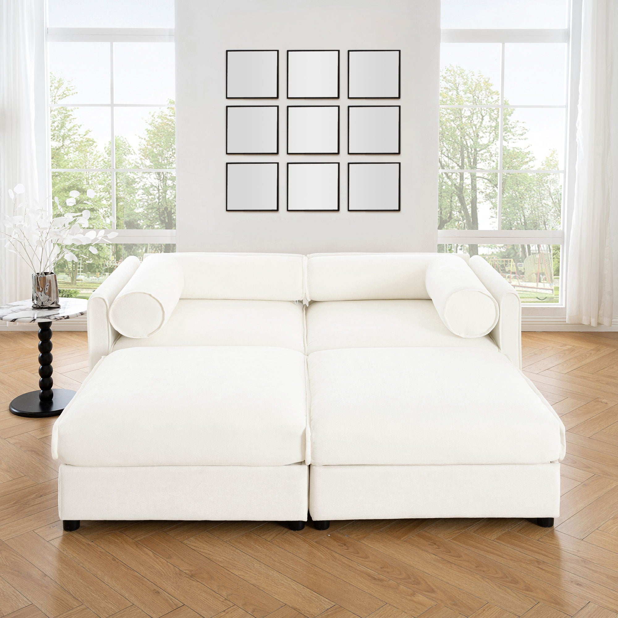 Contemporary Elegant White Chenille Sofa With Storage And Ottoman