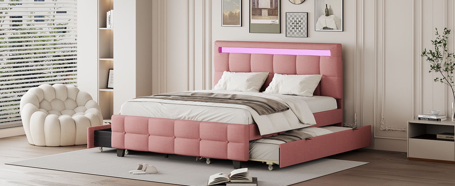 Upholstered Platform Bed With LED Frame, With Trundle And 2 Drawers