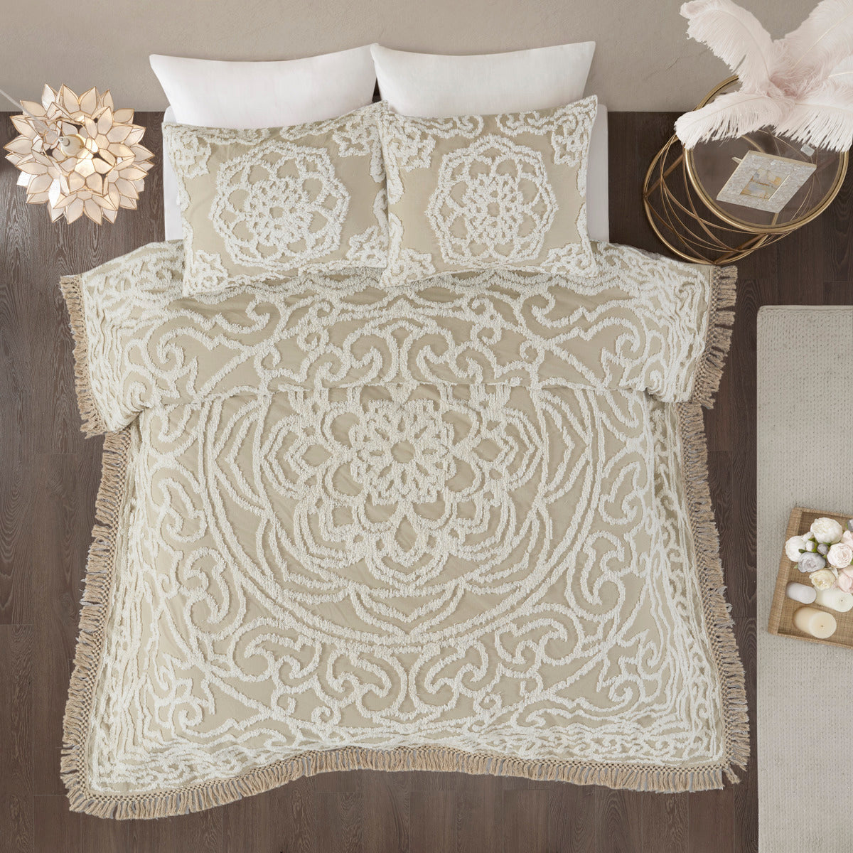 Tufted Cotton Chenille Medallion Fringe Coverlet Mini Set Taupe Full/Queen
