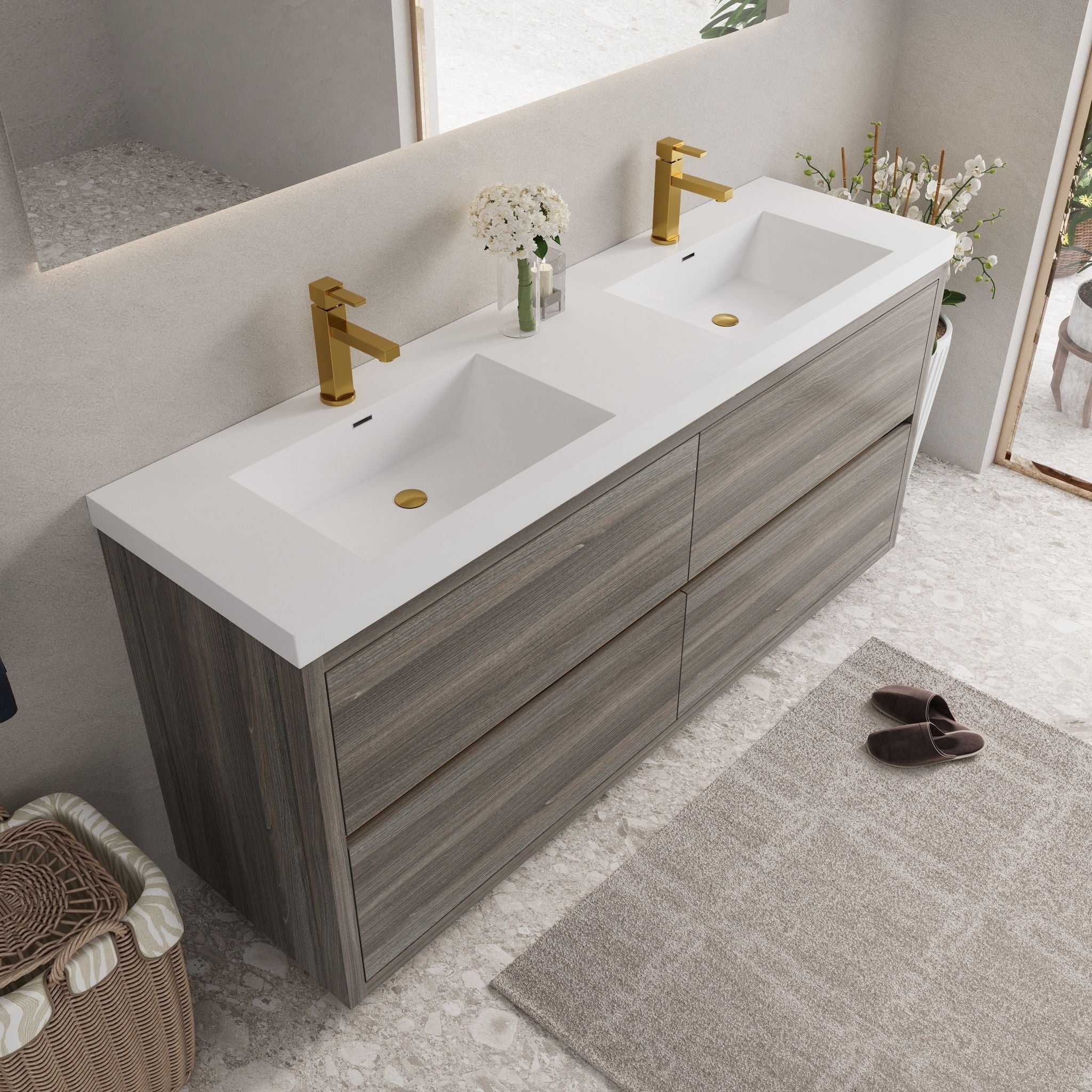Bathin Freestanding Bathroom Vanity With Double Sinks, Bathroom Storage Vanity Cabinet With Stone Resin Countertop And Soft Close Drawers